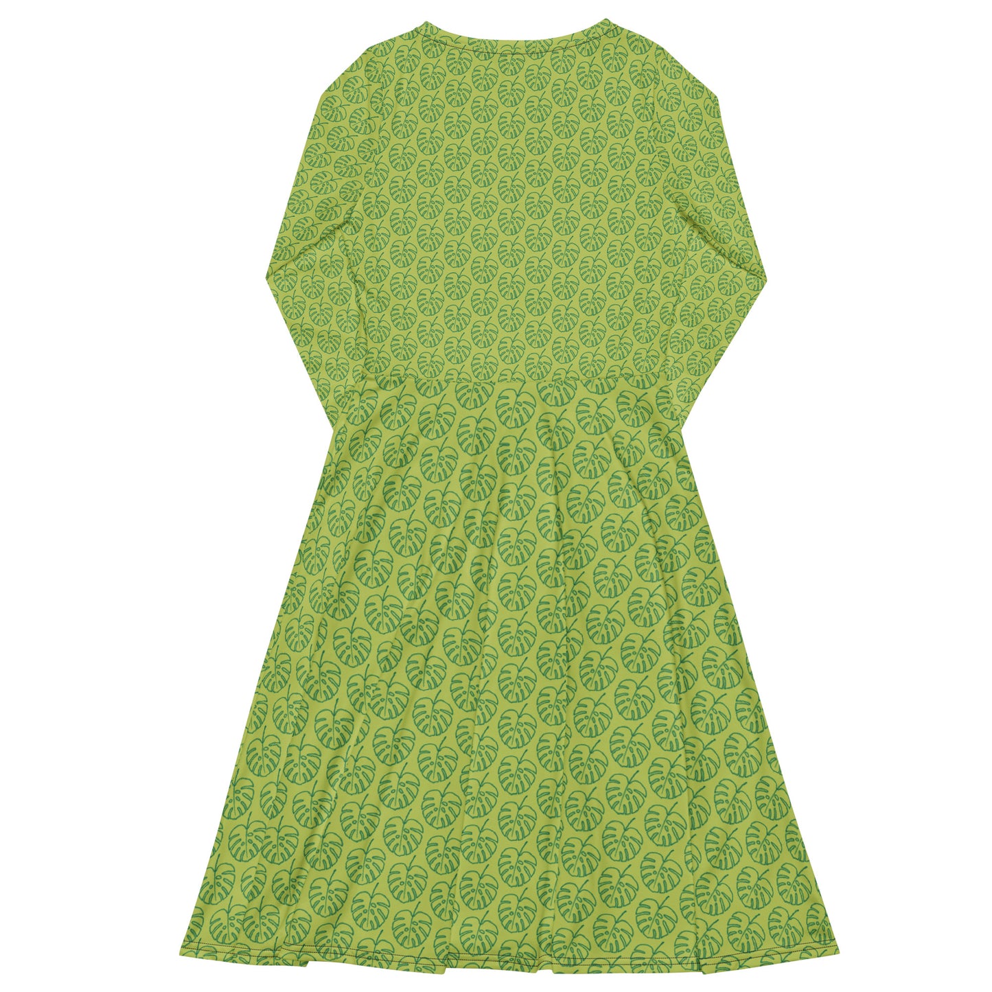 All-over Print Leaf Pattern Long Sleeve Midi Dress Green