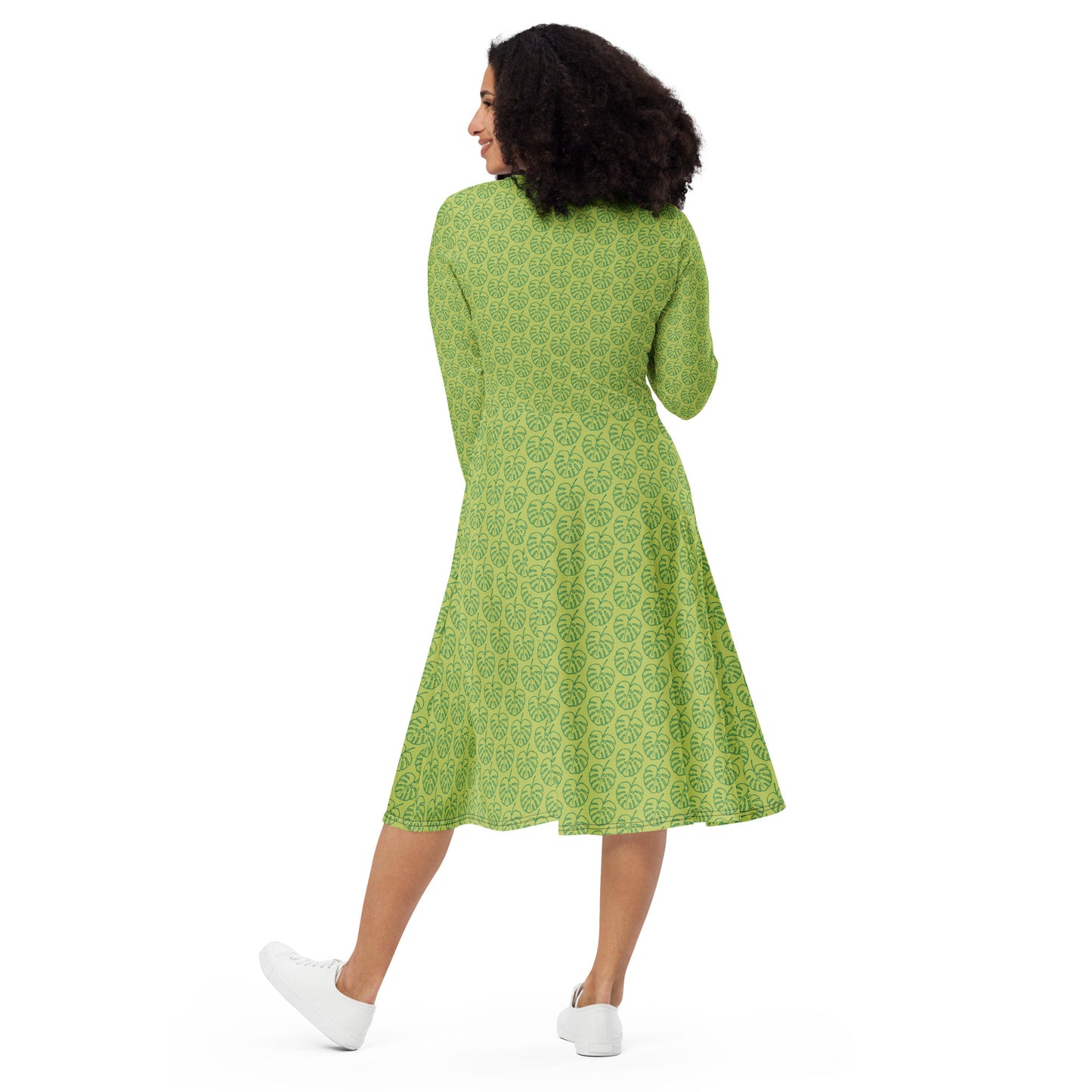 All-over Print Leaf Pattern Long Sleeve Midi Dress Green