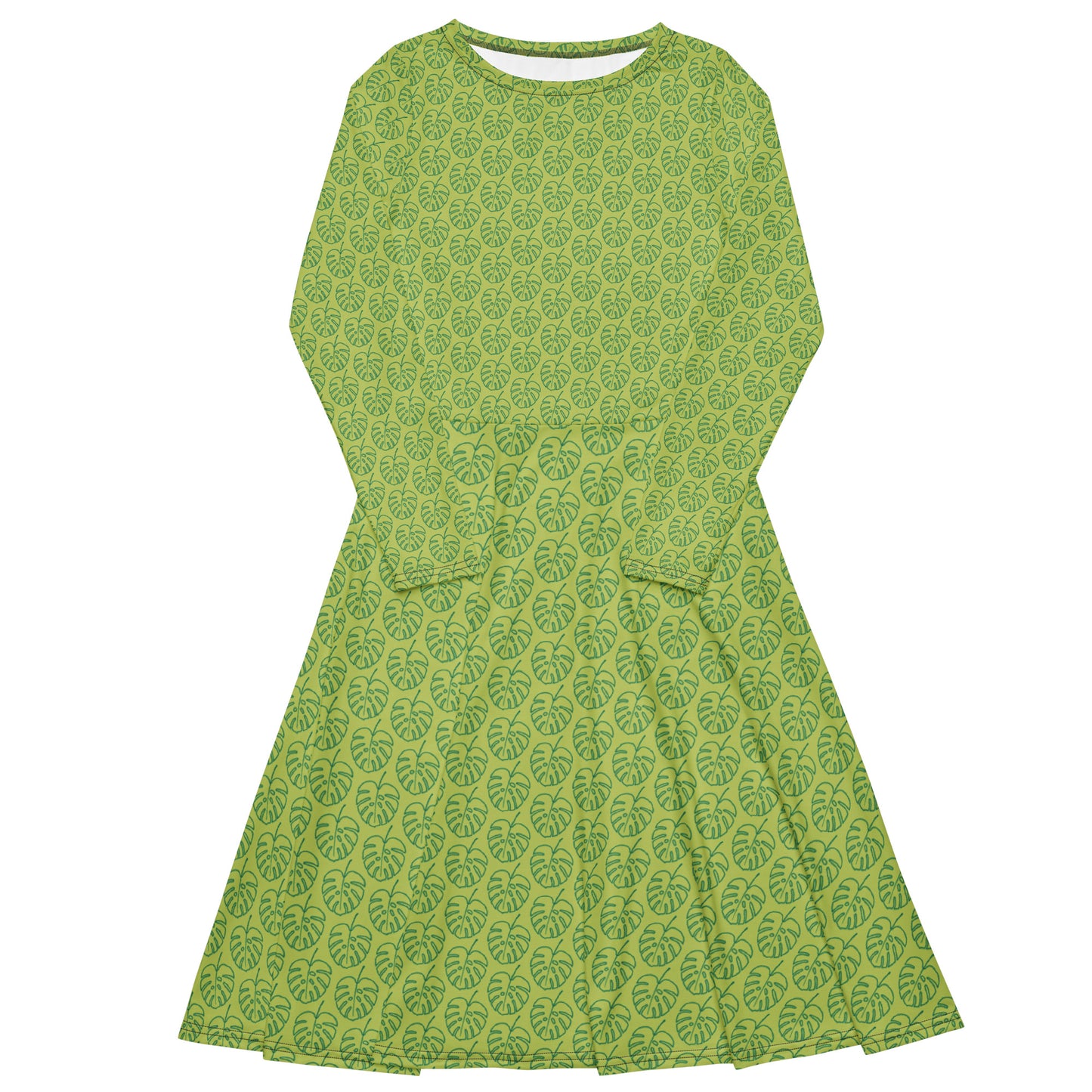 All-over Print Leaf Pattern Long Sleeve Midi Dress Green