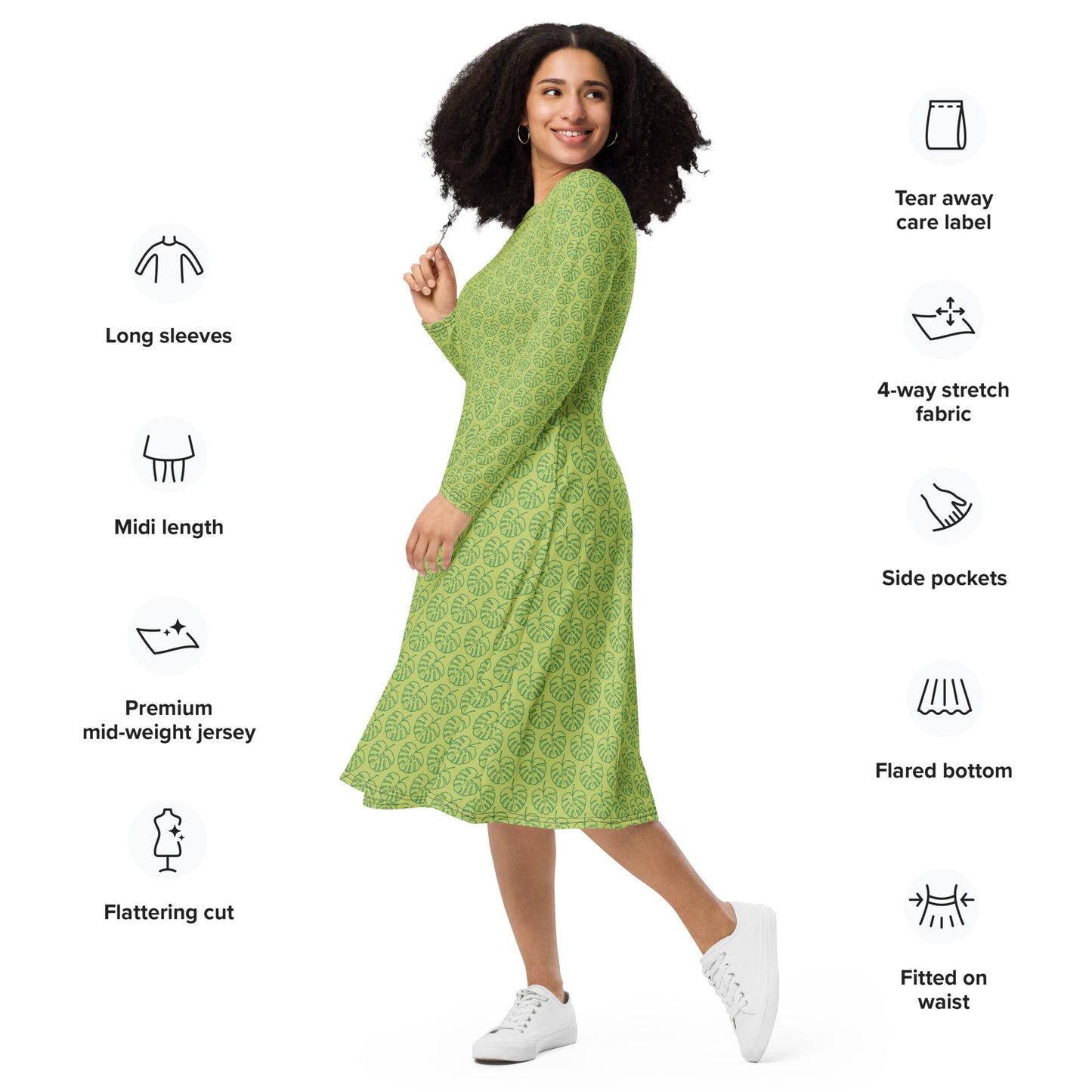 All-over Print Leaf Pattern Long Sleeve Midi Dress Green