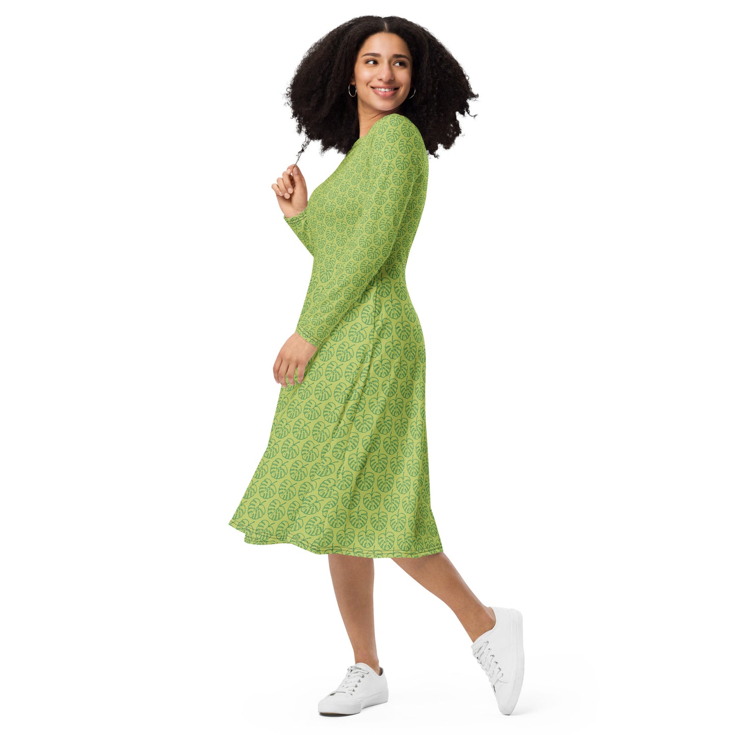 All-over Print Leaf Pattern Long Sleeve Midi Dress Green