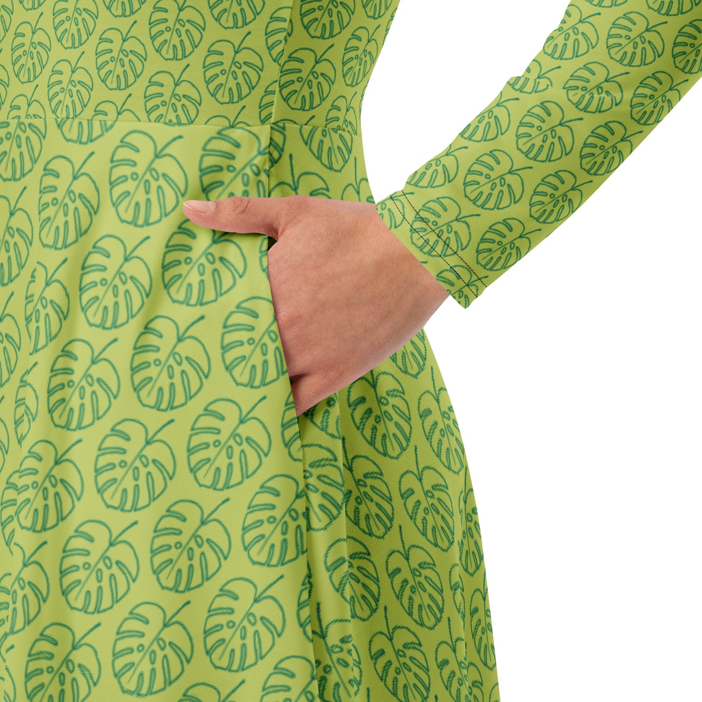 All-over Print Leaf Pattern Long Sleeve Midi Dress Green