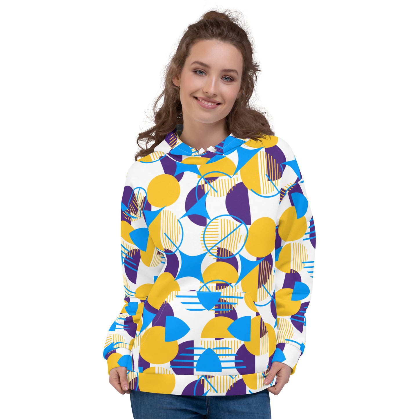 All-Over Print Unisex Hoodie Bold Geometric - Yellow, Purple & Blue
