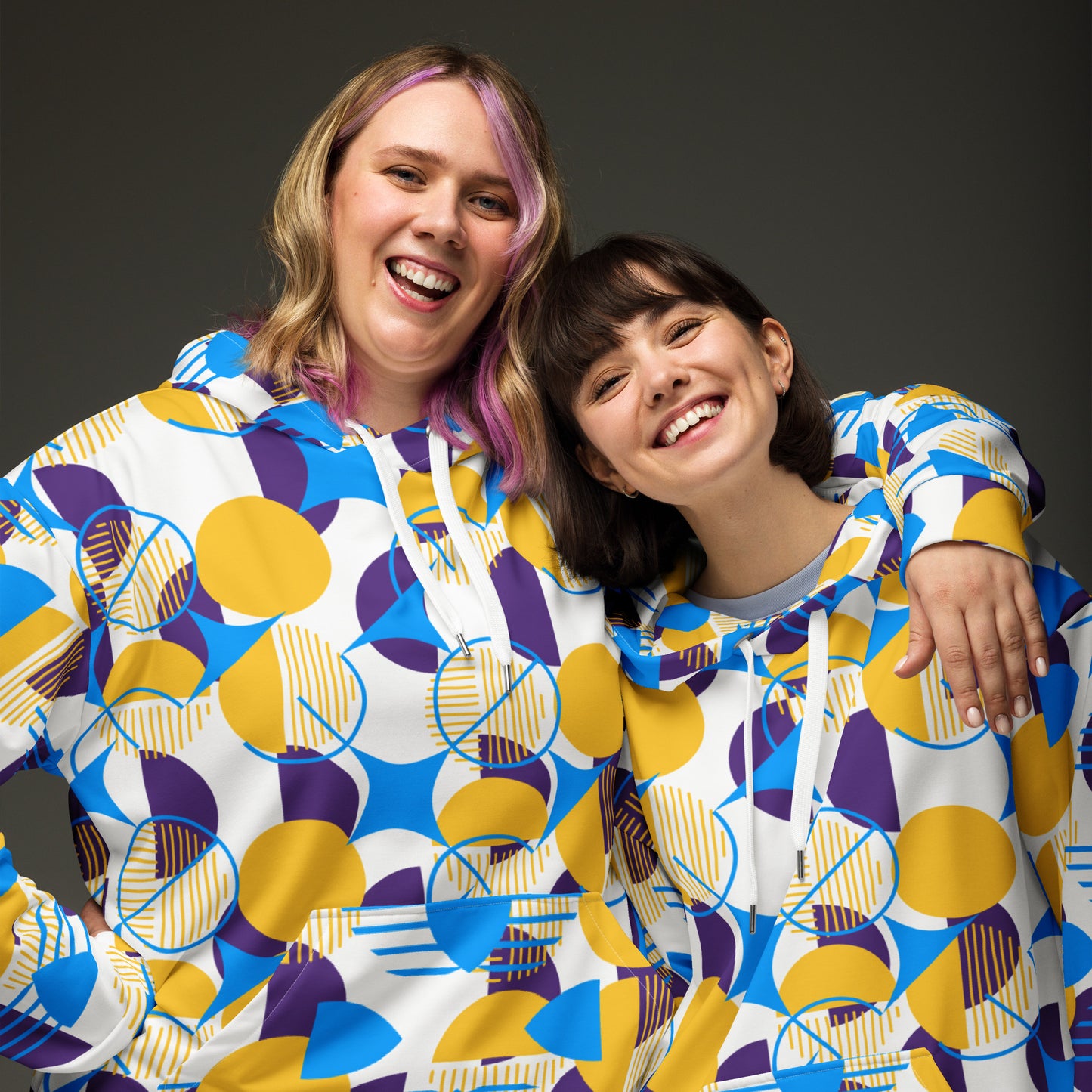 All-Over Print Unisex Hoodie Bold Geometric - Yellow, Purple & Blue
