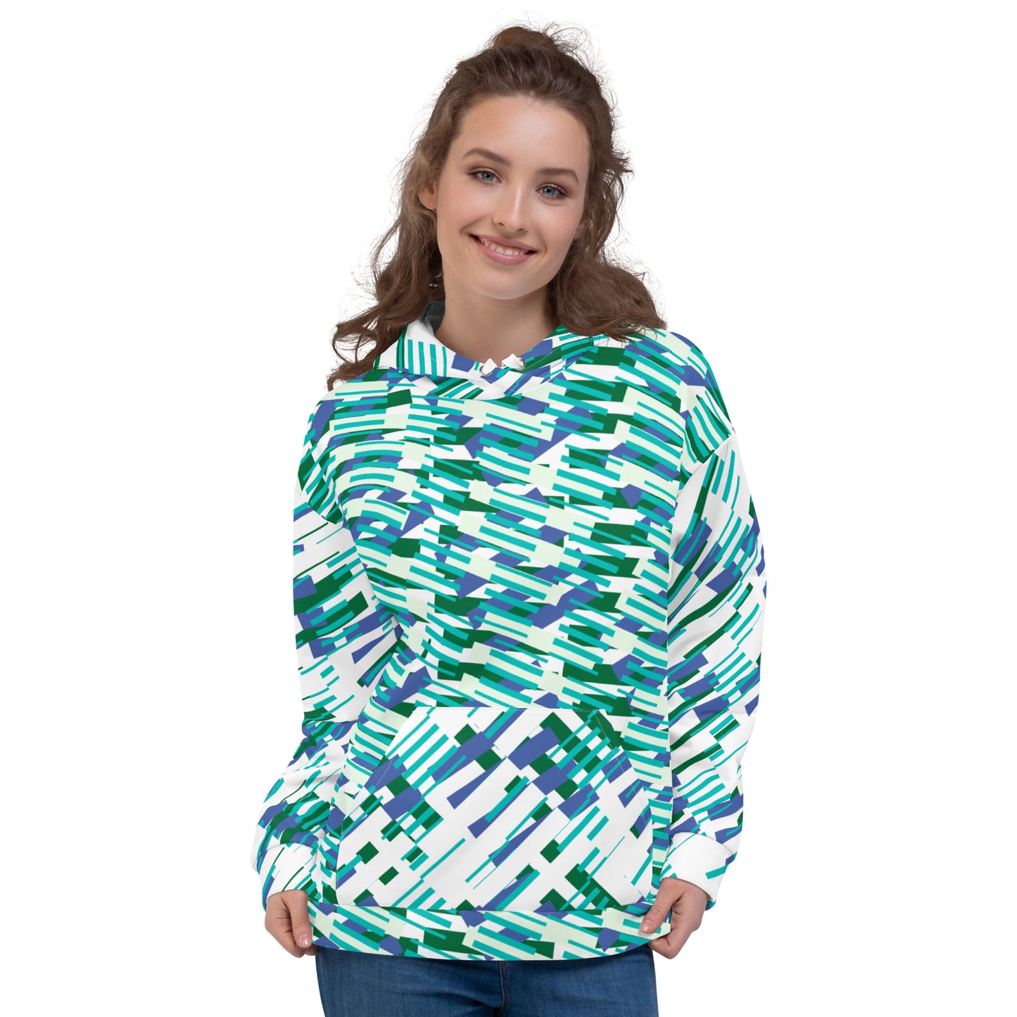 All-Over Print Unisex Hoodie Abstract Geometric Pattern - Teal & Royal Blue