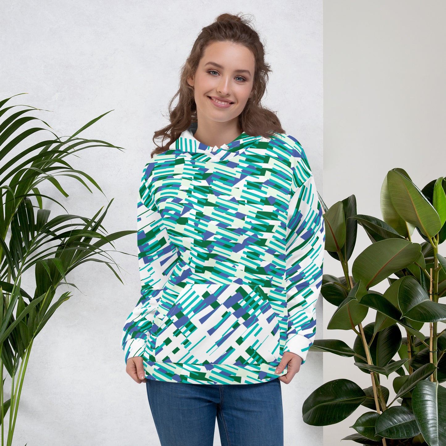 All-Over Print Unisex Hoodie Abstract Geometric Pattern - Teal & Royal Blue