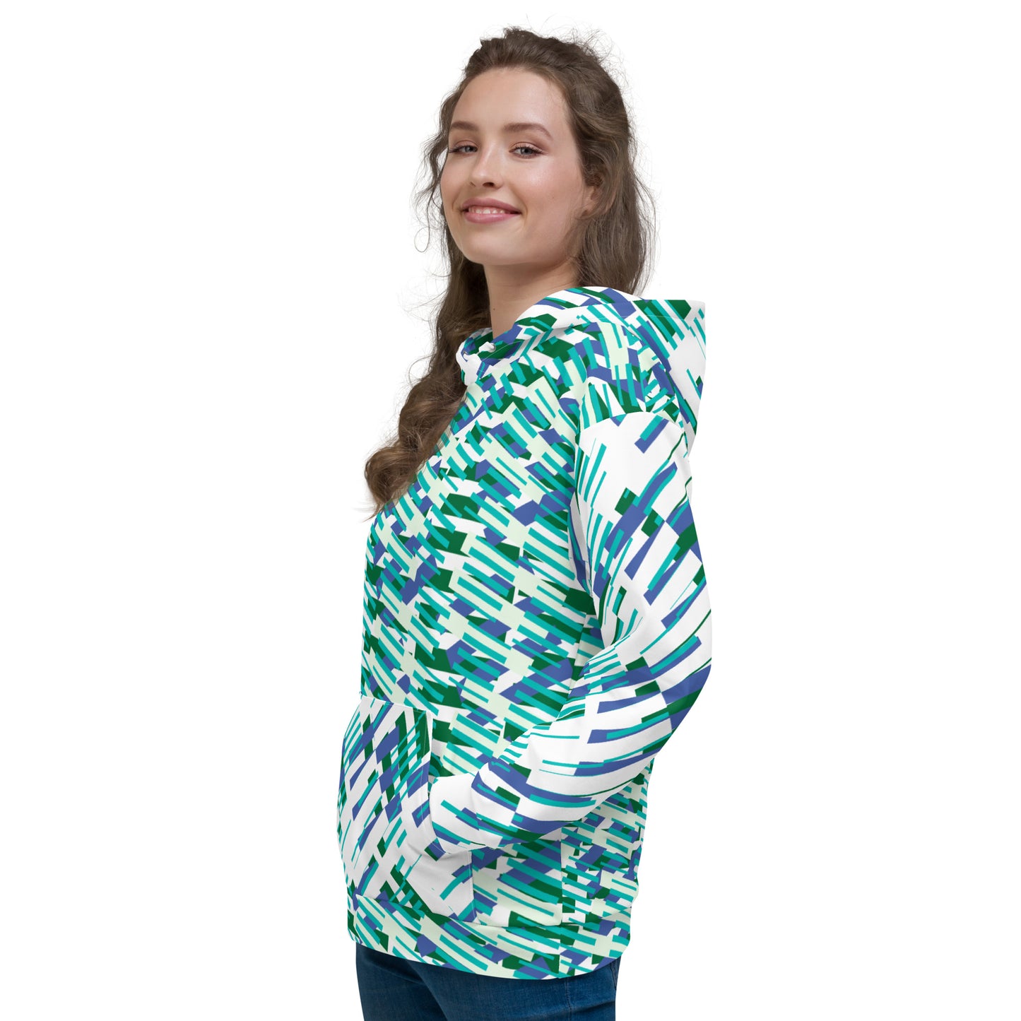 All-Over Print Unisex Hoodie Abstract Geometric Pattern - Teal & Royal Blue