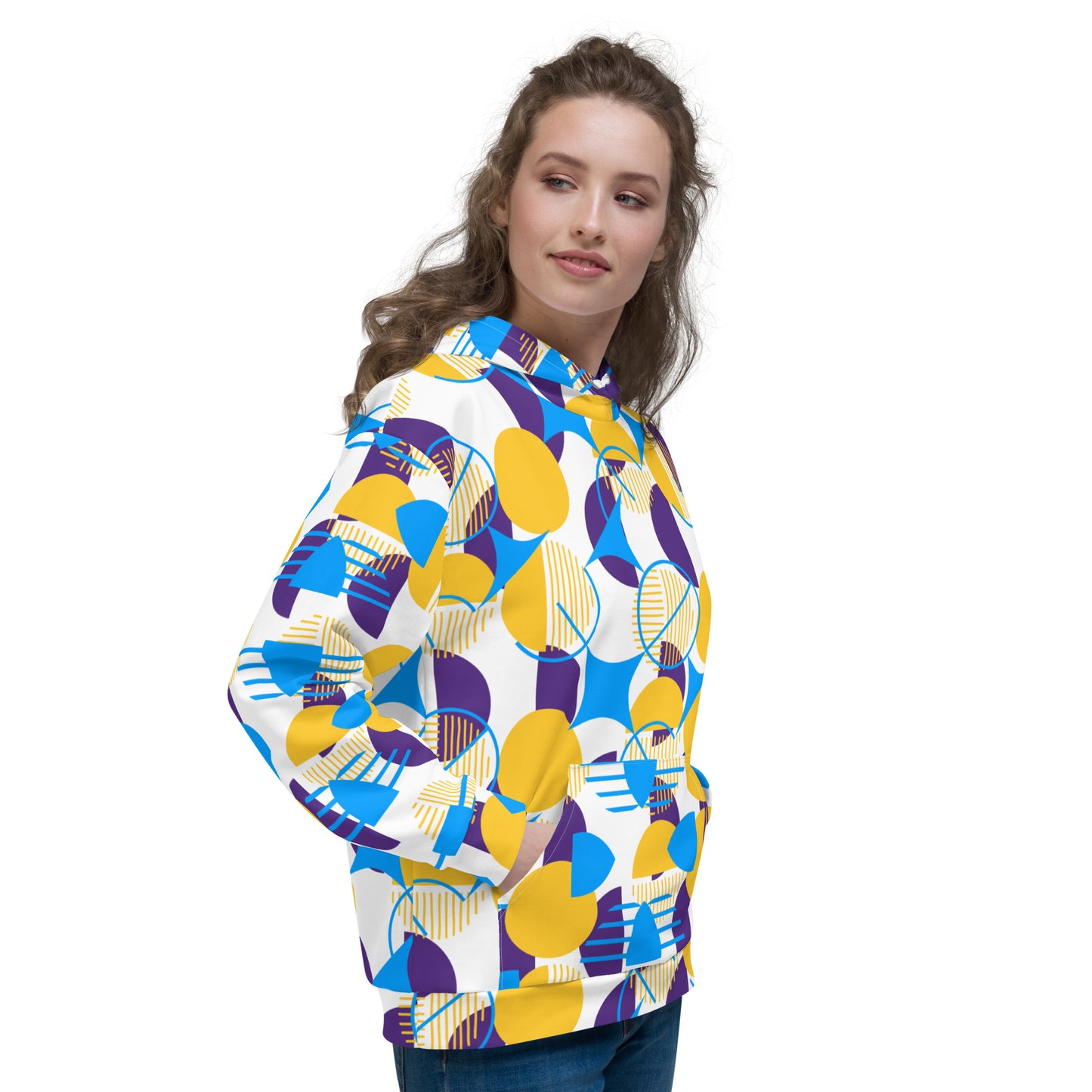 All-Over Print Unisex Hoodie Bold Geometric - Yellow, Purple & Blue