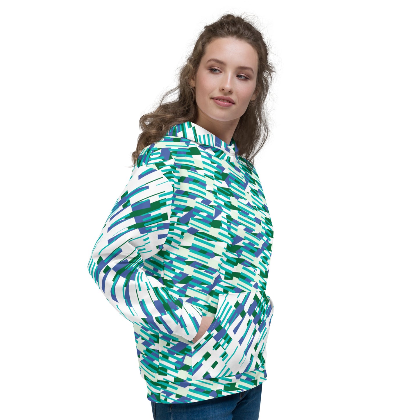 All-Over Print Unisex Hoodie Abstract Geometric Pattern - Teal & Royal Blue