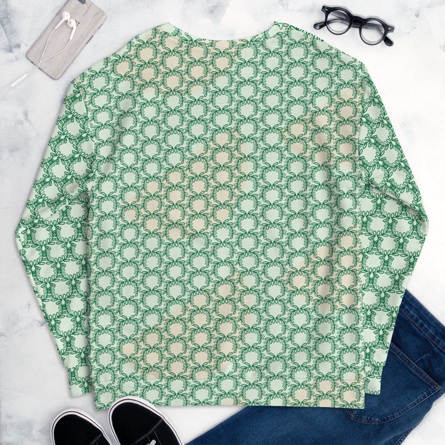 All-Over Print Recycled Unisex Sweatshirt Laurel Leaves Crown and Jewel V Neck Design for Woman