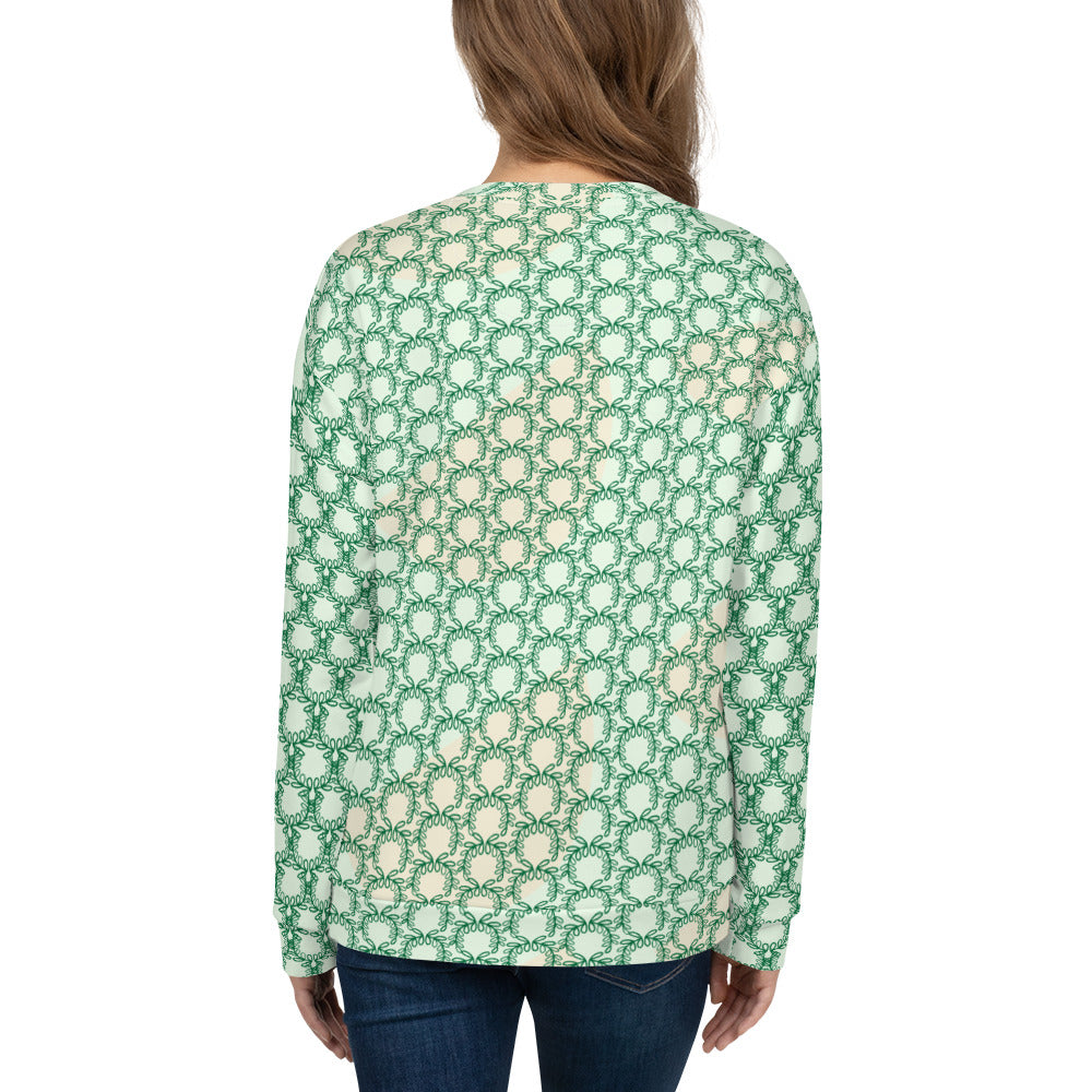 All-Over Print Recycled Unisex Sweatshirt Laurel Leaves Crown and Jewel V Neck Design for Woman