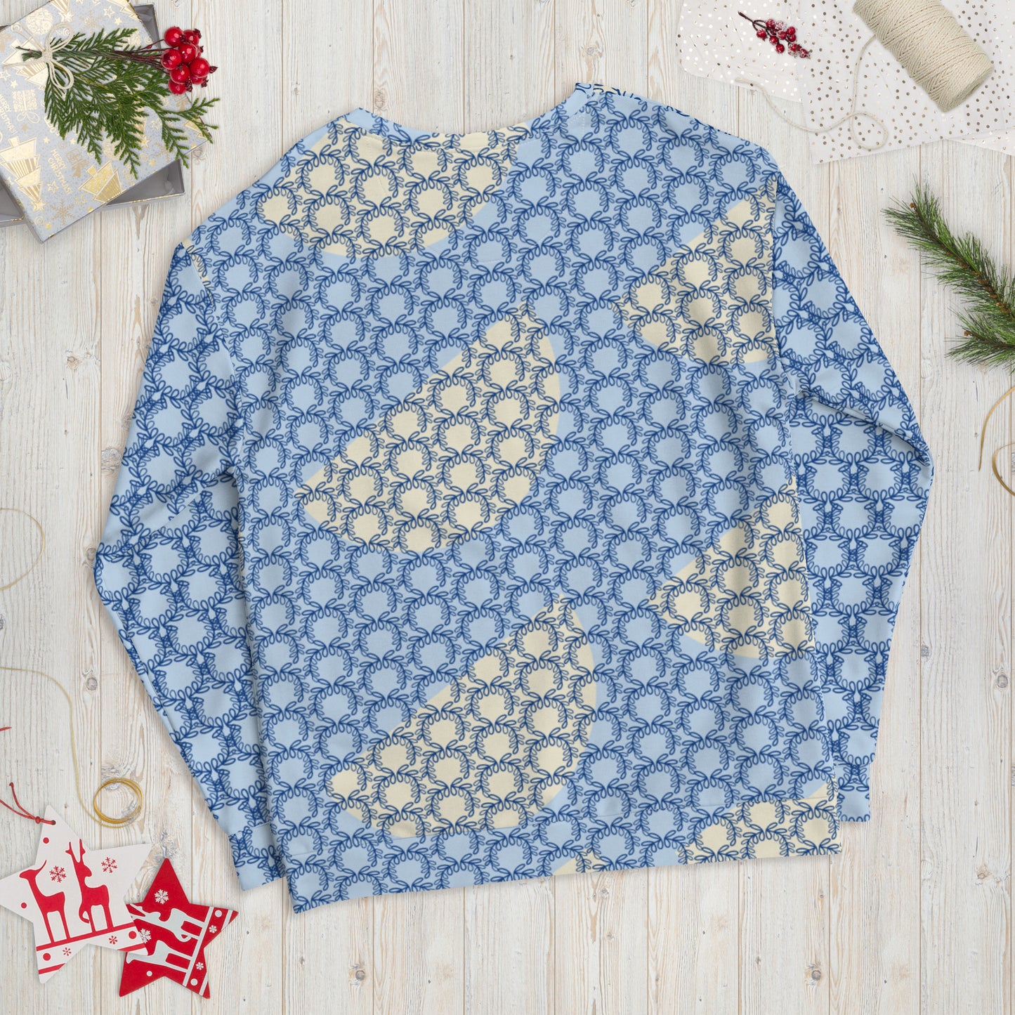 All-Over Print Recycled Unisex Sweatshirt Laurel Leaves Crown and Dark Cerulean V Neck Design for Women