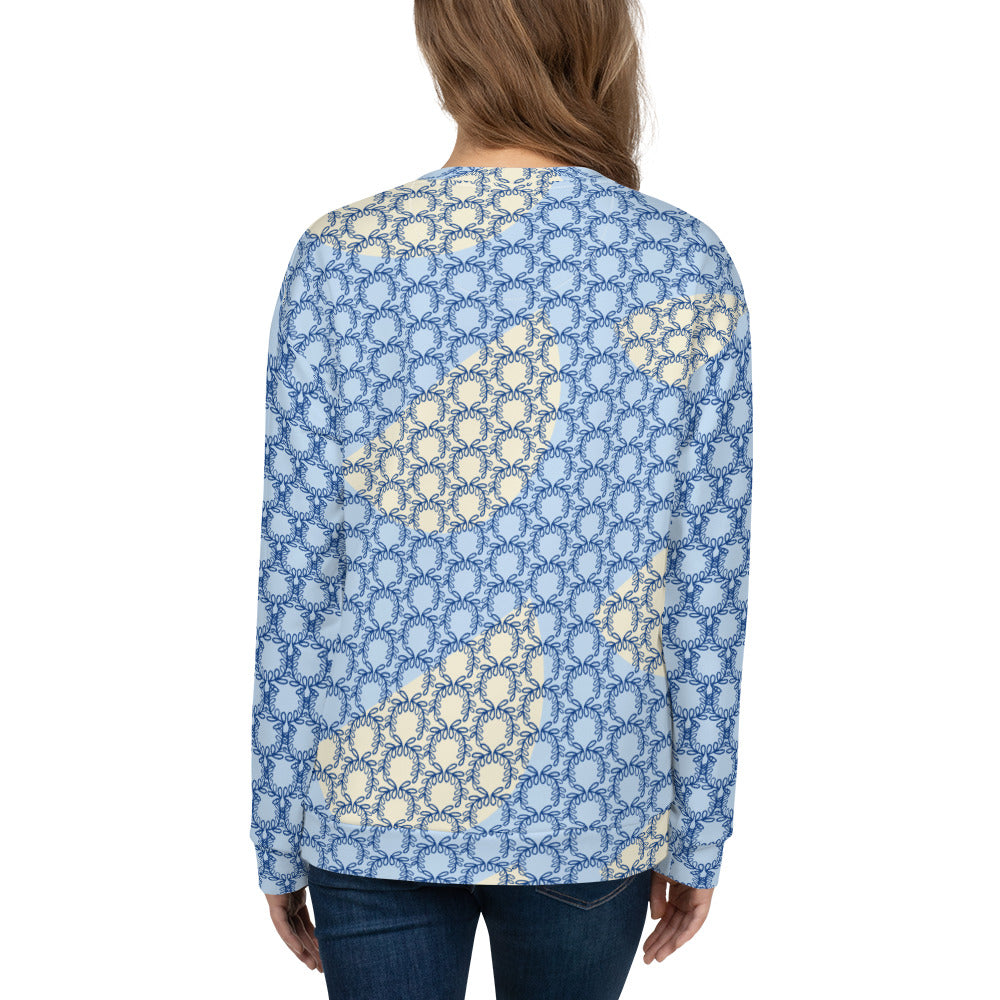 All-Over Print Recycled Unisex Sweatshirt Laurel Leaves Crown and Dark Cerulean V Neck Design for Women