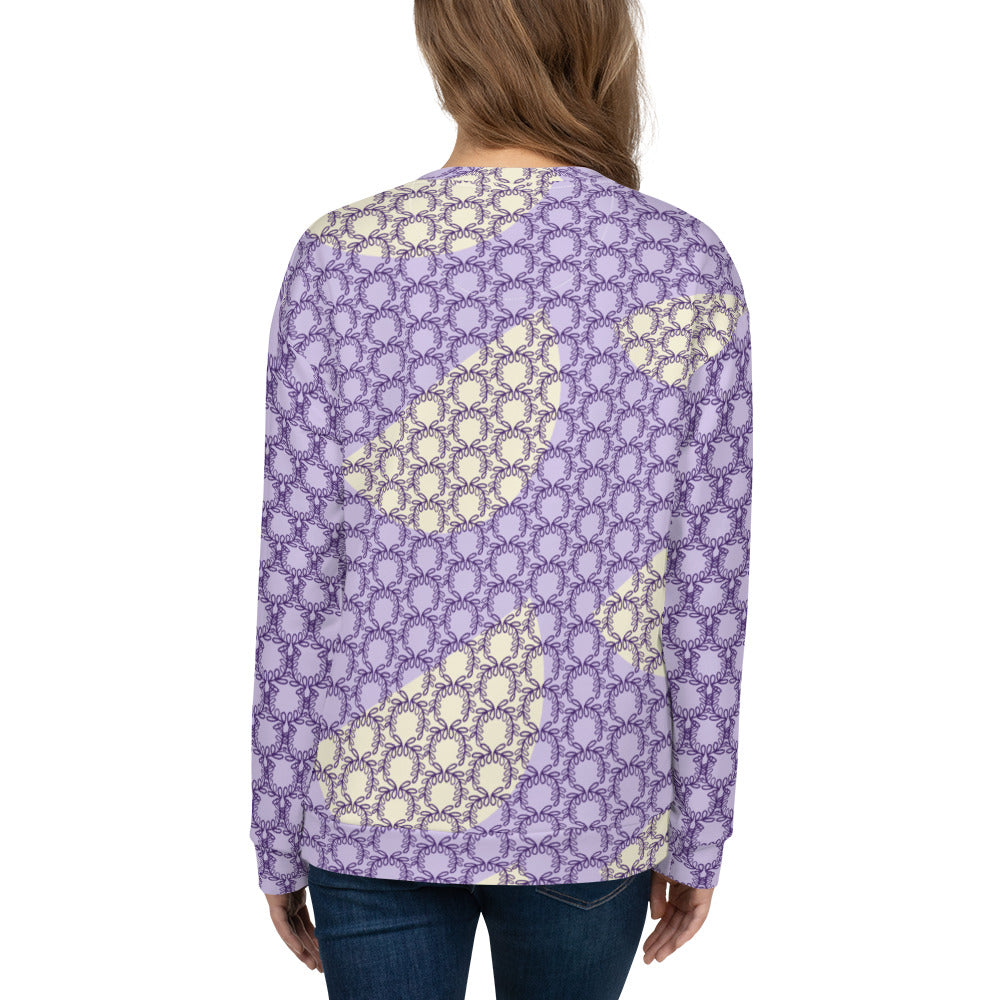 All-Over Print Recycled Unisex Sweatshirt Laurel Leaves Crown and Purple V Neck Design for Women