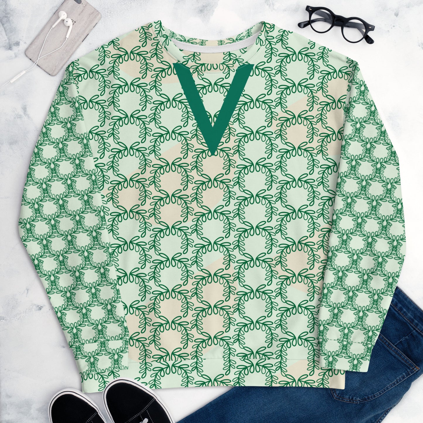 All-Over Print Recycled Unisex Sweatshirt Laurel Leaves Crown and Jewel V Neck Design for Woman