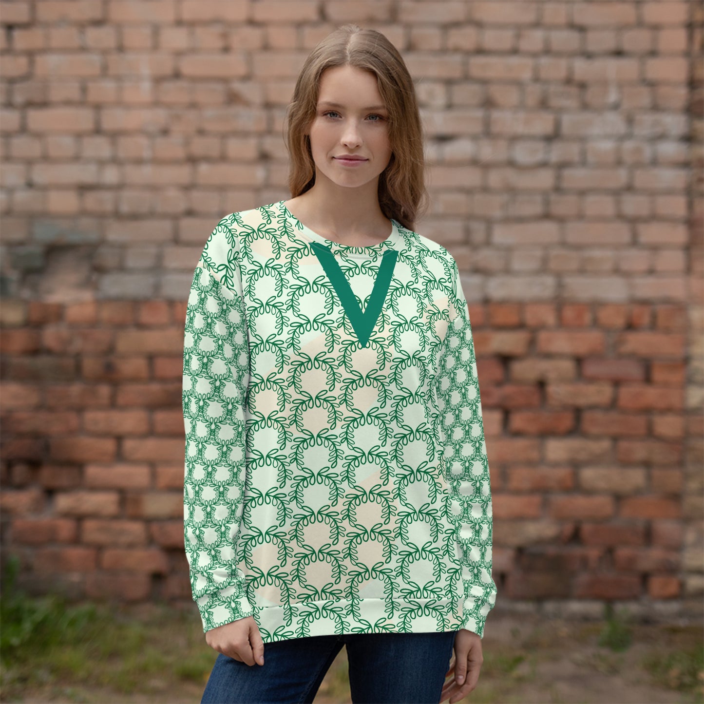 All-Over Print Recycled Unisex Sweatshirt Laurel Leaves Crown and Jewel V Neck Design for Woman