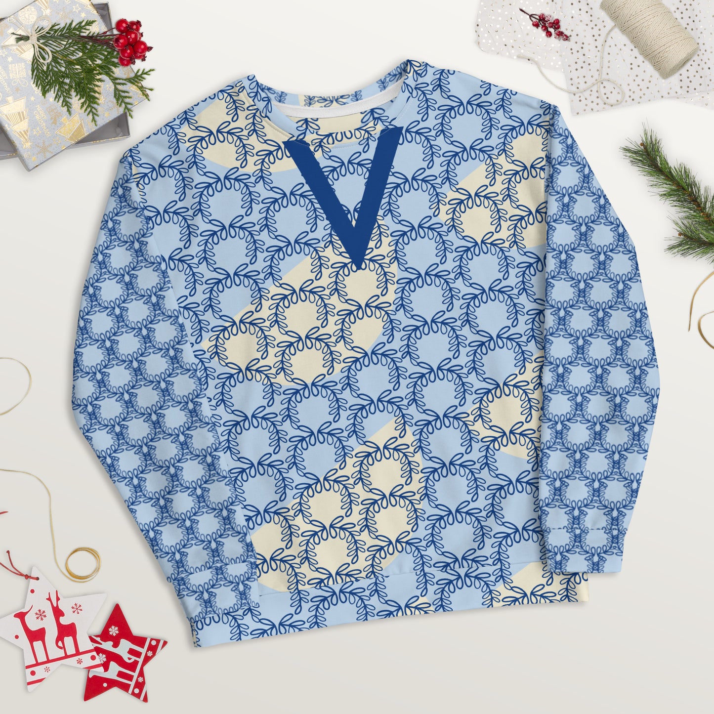 All-Over Print Recycled Unisex Sweatshirt Laurel Leaves Crown and Dark Cerulean V Neck Design for Women