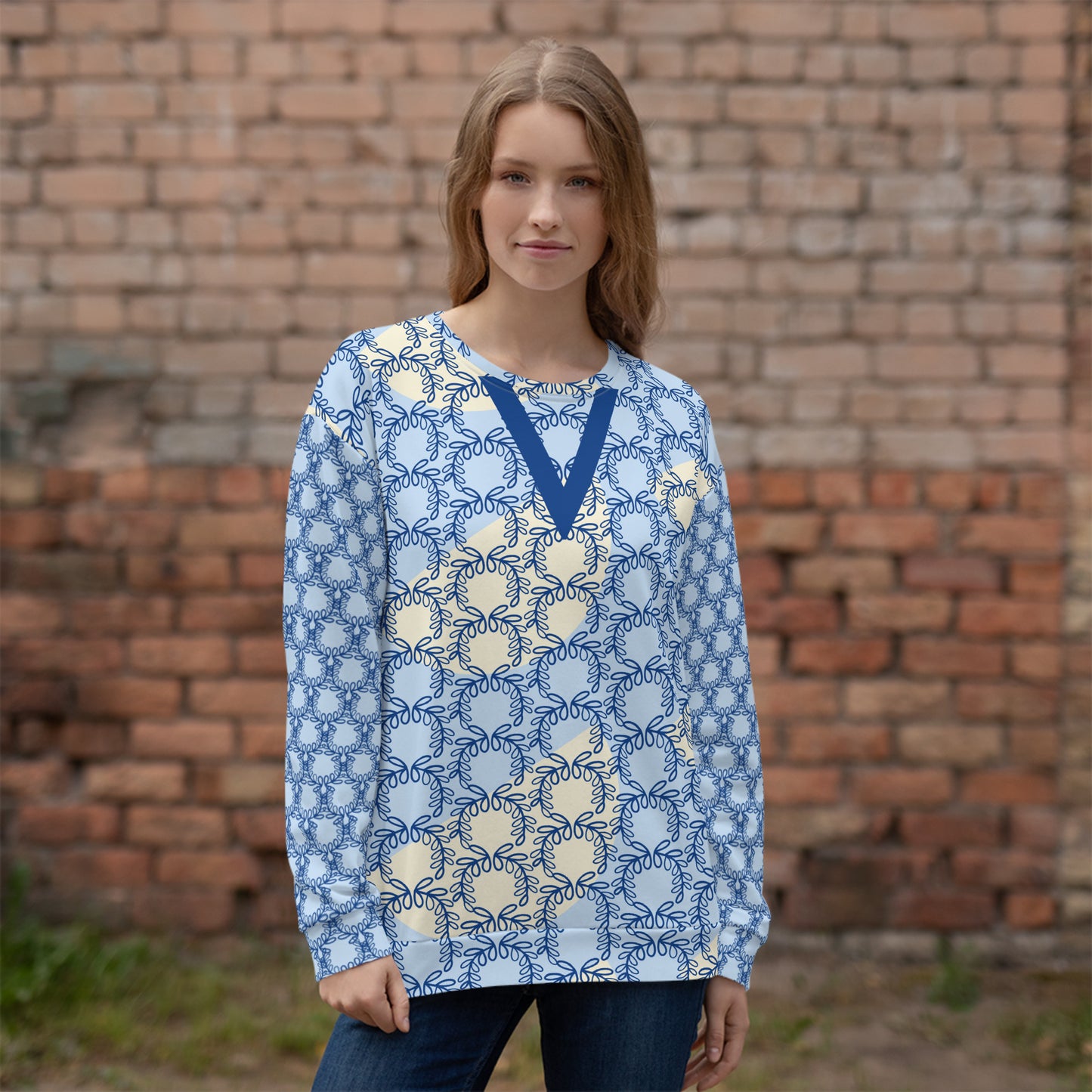 All-Over Print Recycled Unisex Sweatshirt Laurel Leaves Crown and Dark Cerulean V Neck Design for Women