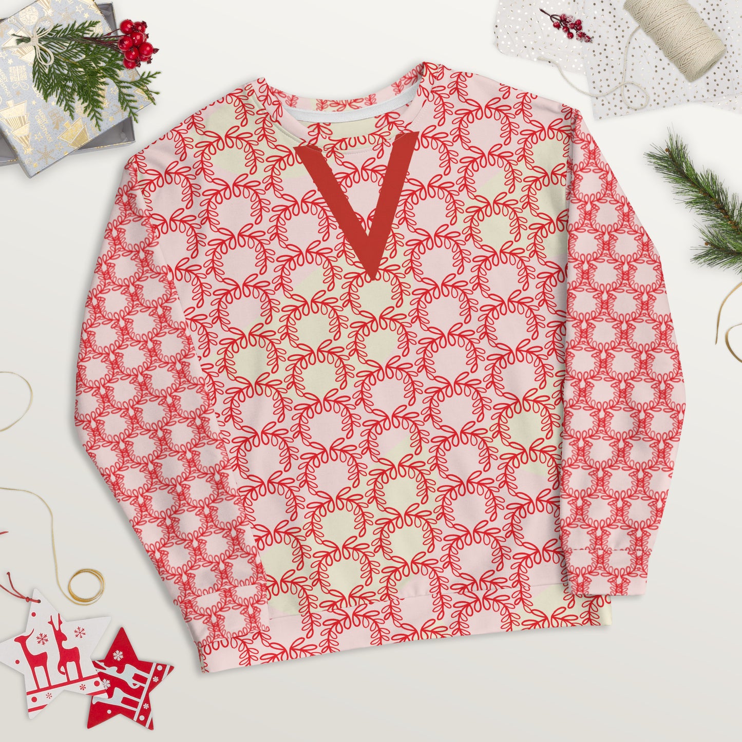 All-Over Print Recycled Unisex Sweatshirt Laurel Leaves Crown and Alizarin V Neck Design for Women