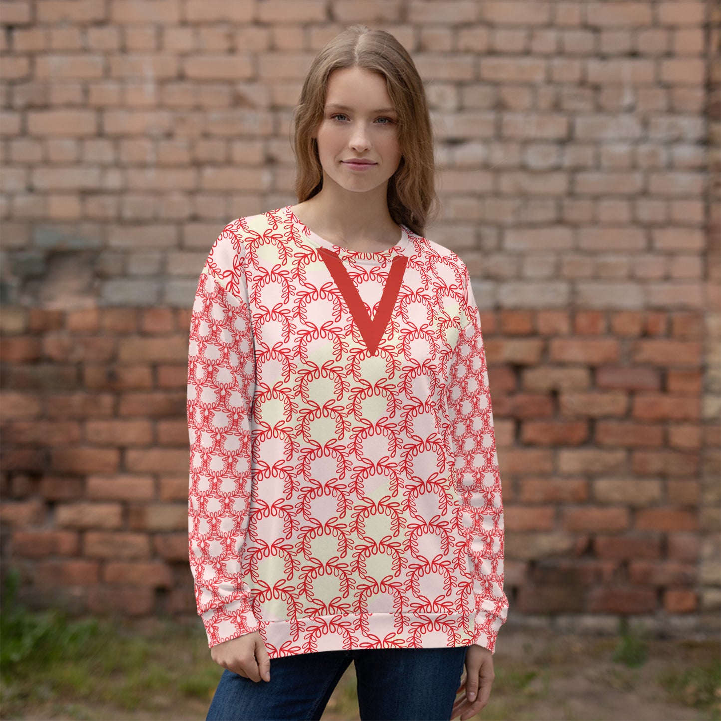 All-Over Print Recycled Unisex Sweatshirt Laurel Leaves Crown and Alizarin V Neck Design for Women