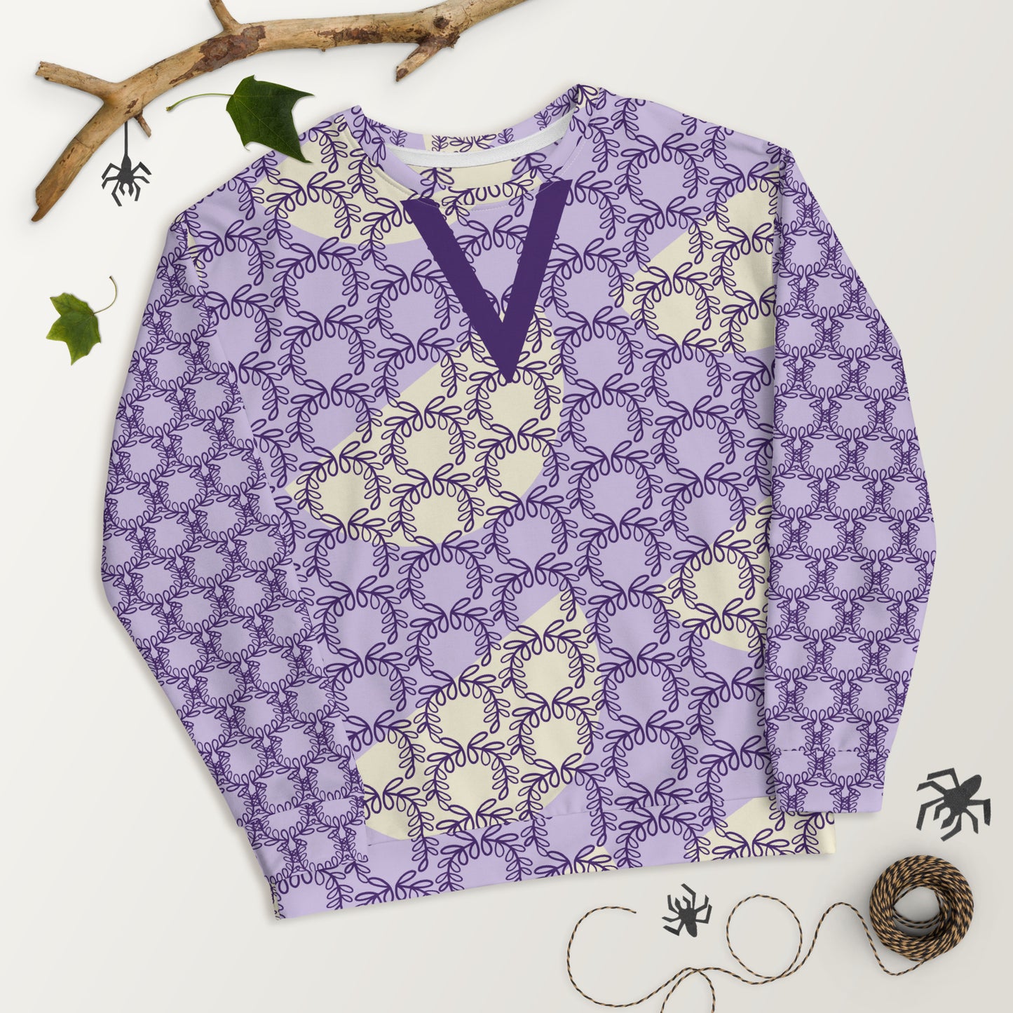All-Over Print Recycled Unisex Sweatshirt Laurel Leaves Crown and Purple V Neck Design for Women