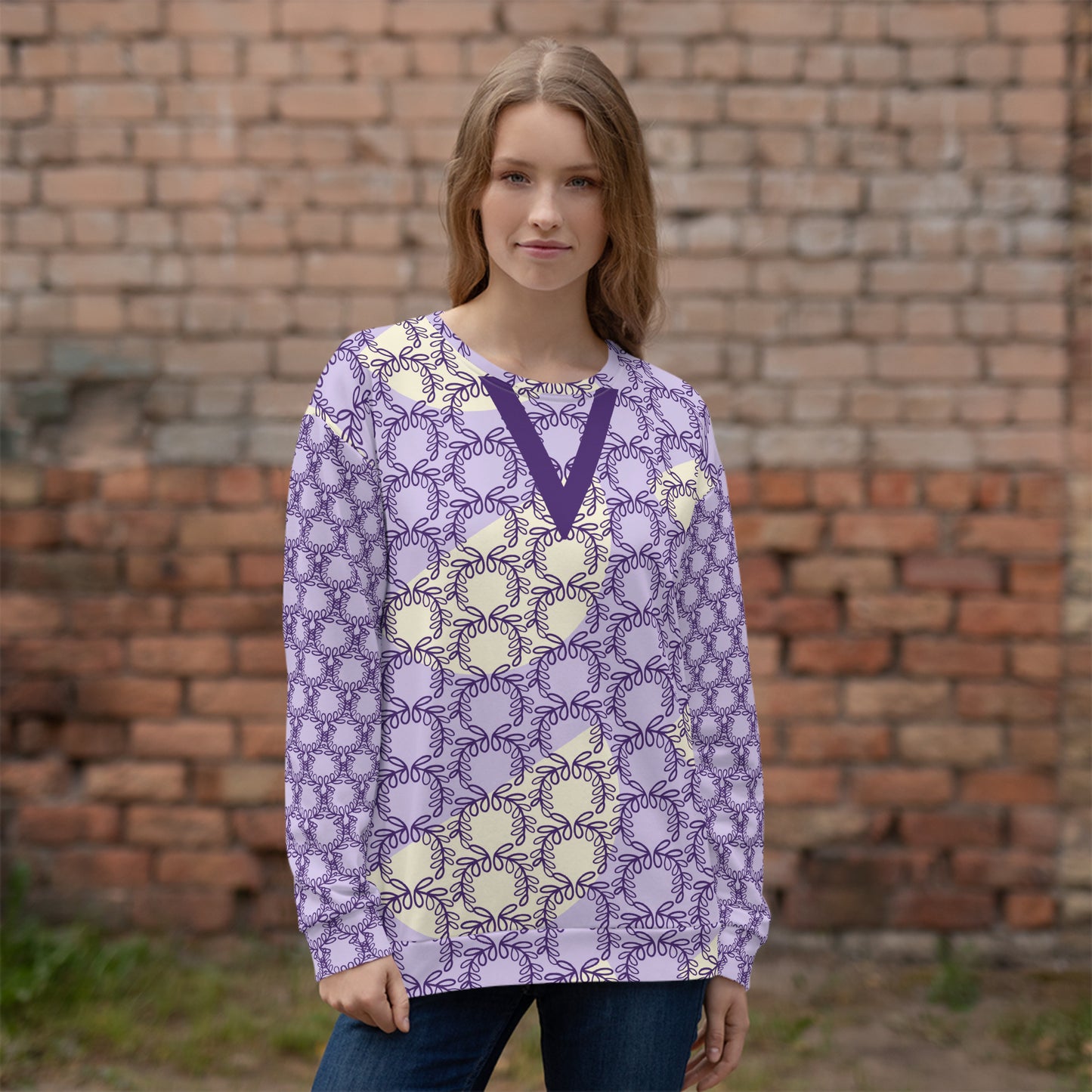 All-Over Print Recycled Unisex Sweatshirt Laurel Leaves Crown and Purple V Neck Design for Women