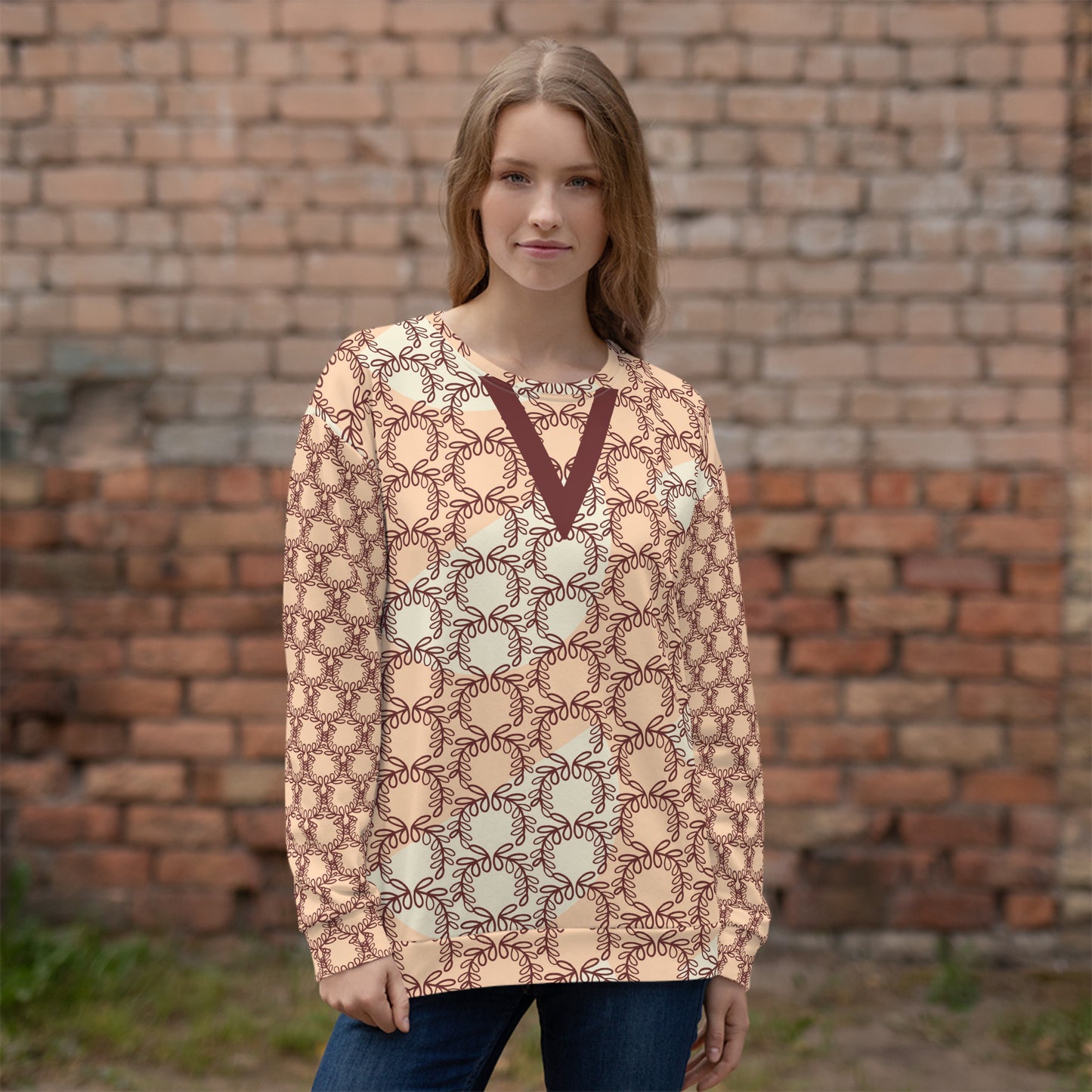 All-Over Print Recycled Unisex Sweatshirt Laurel Leaves Crown and Auburn V Neck Design for Women