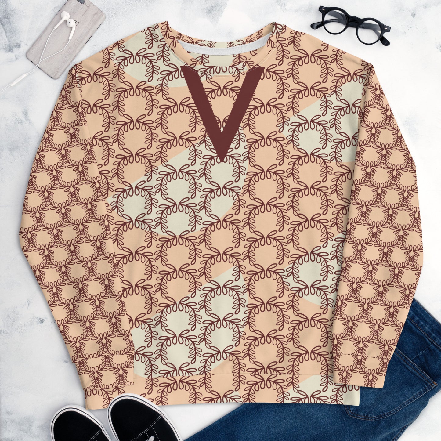 All-Over Print Recycled Unisex Sweatshirt Laurel Leaves Crown and Auburn V Neck Design for Women
