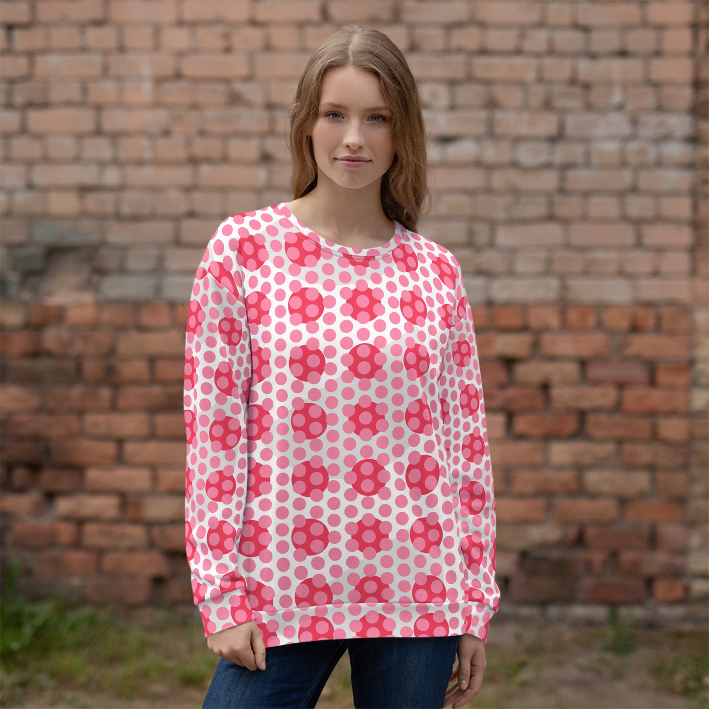 All-Over Print Recycled Unisex Sweatshirt Polka-dot Tickle Me Pink for Women