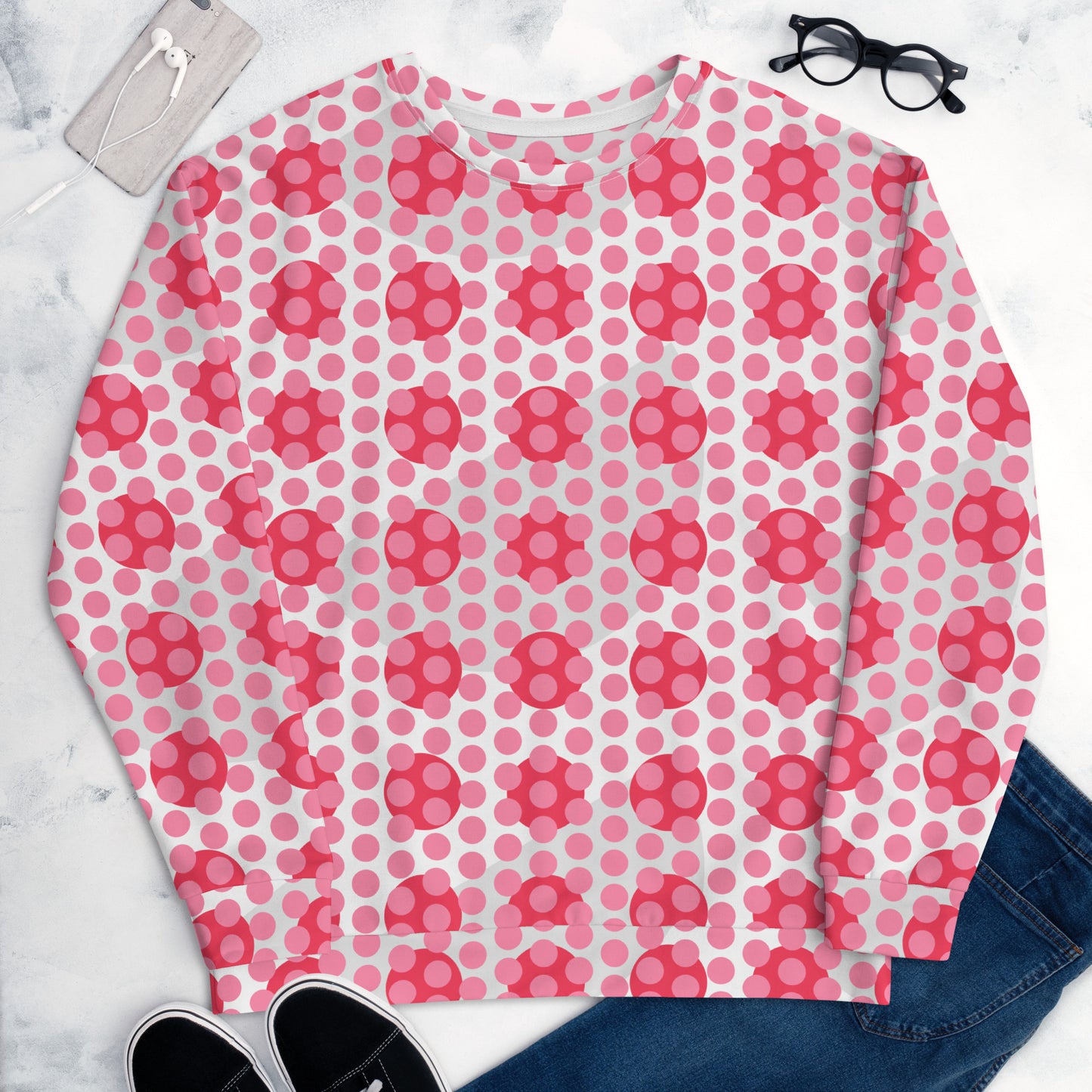 All-Over Print Recycled Unisex Sweatshirt Polka-dot Tickle Me Pink for Women