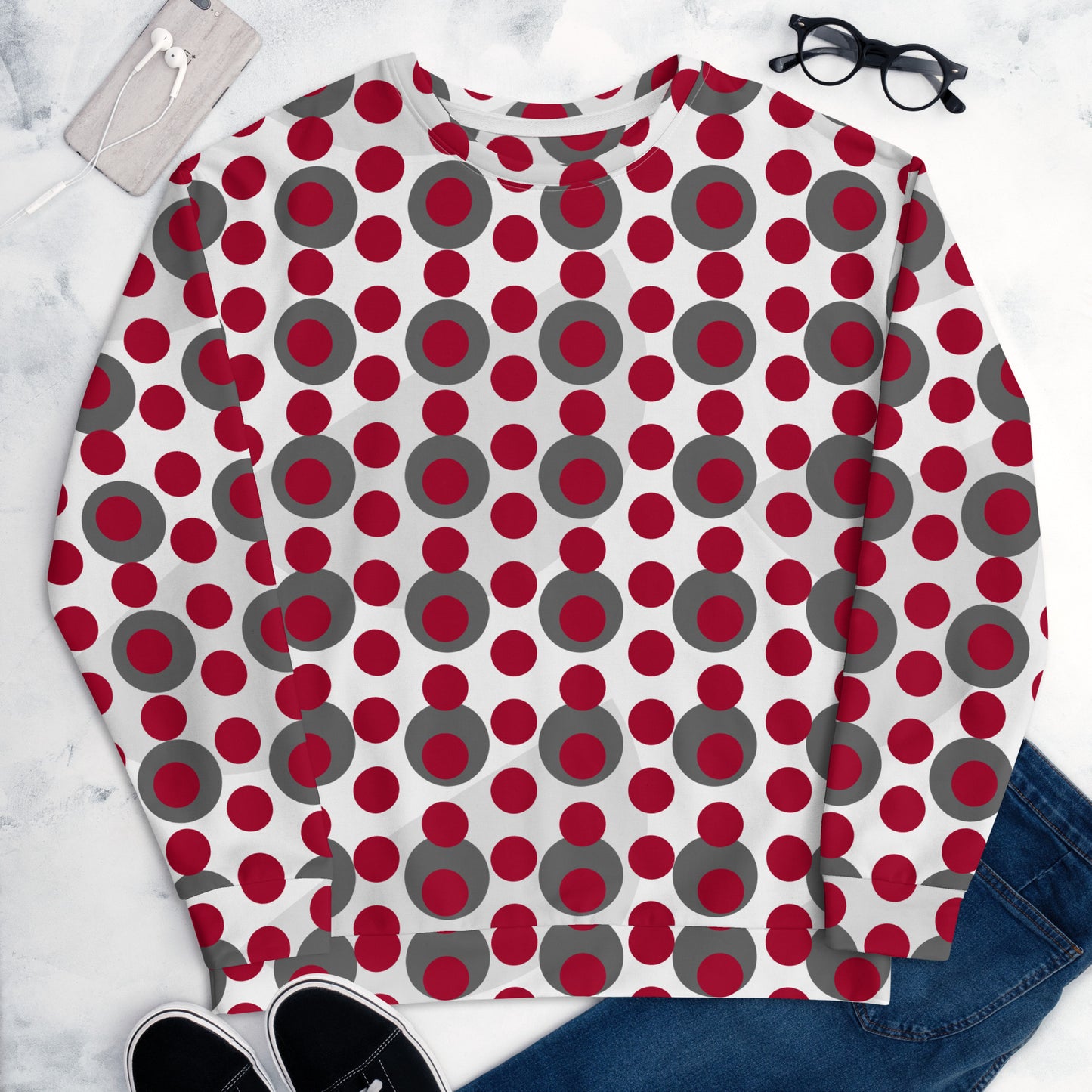 All-Over Print Recycled Unisex Sweatshirt Circles Carmine for Man