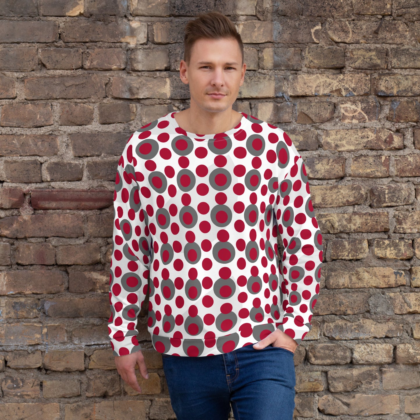 All-Over Print Recycled Unisex Sweatshirt Circles Carmine for Man