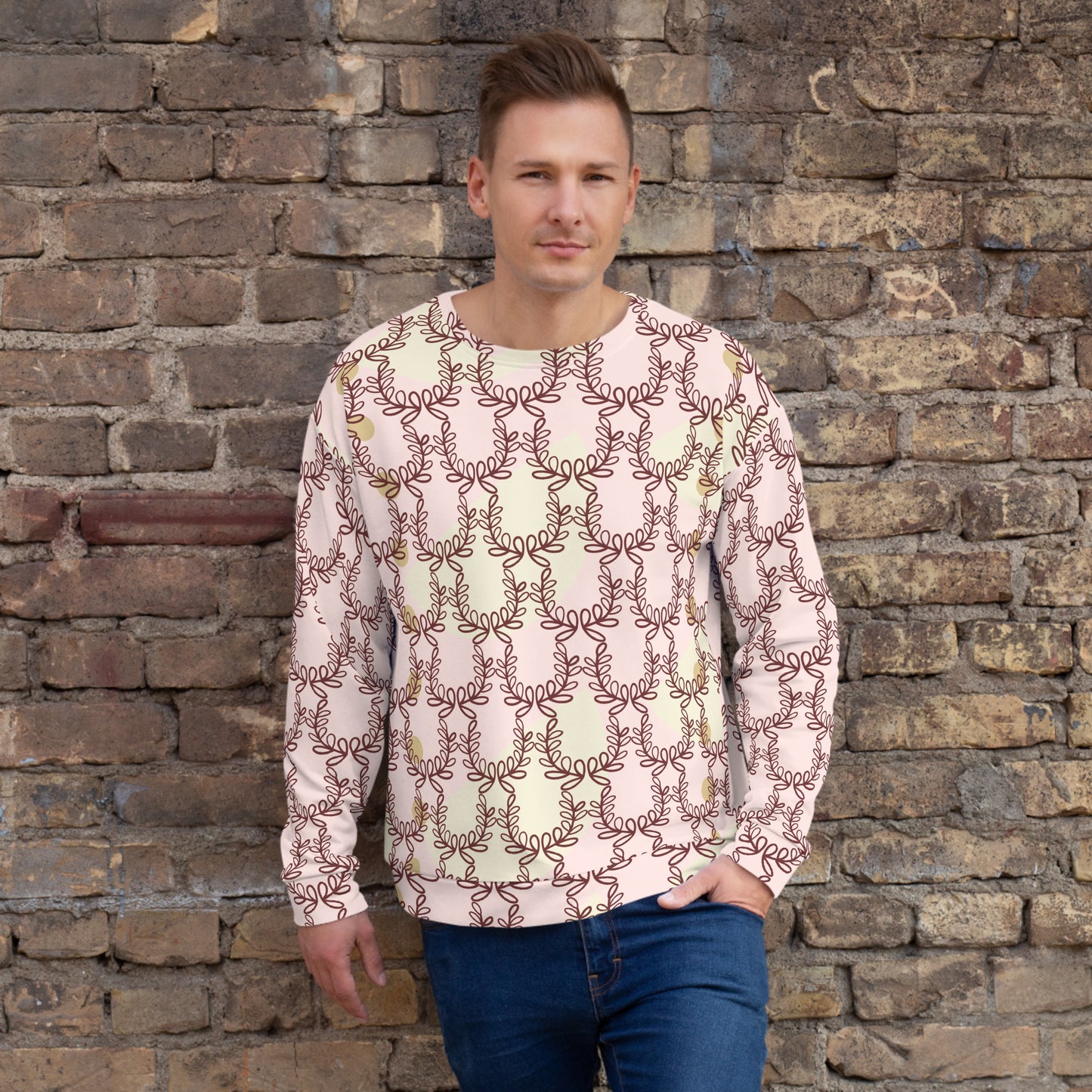 All-Over Print Recycled Unisex Sweatshirt Laurel Leaf Crown Misty Rose for Man