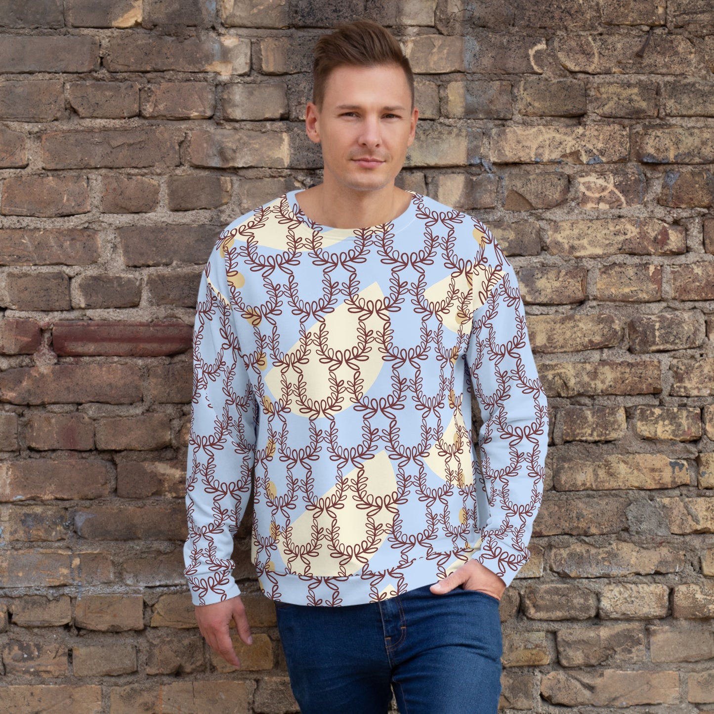 All-Over Print Recycled Unisex Sweatshirt Laurel Leaves Crown Hawkes Blue for Man