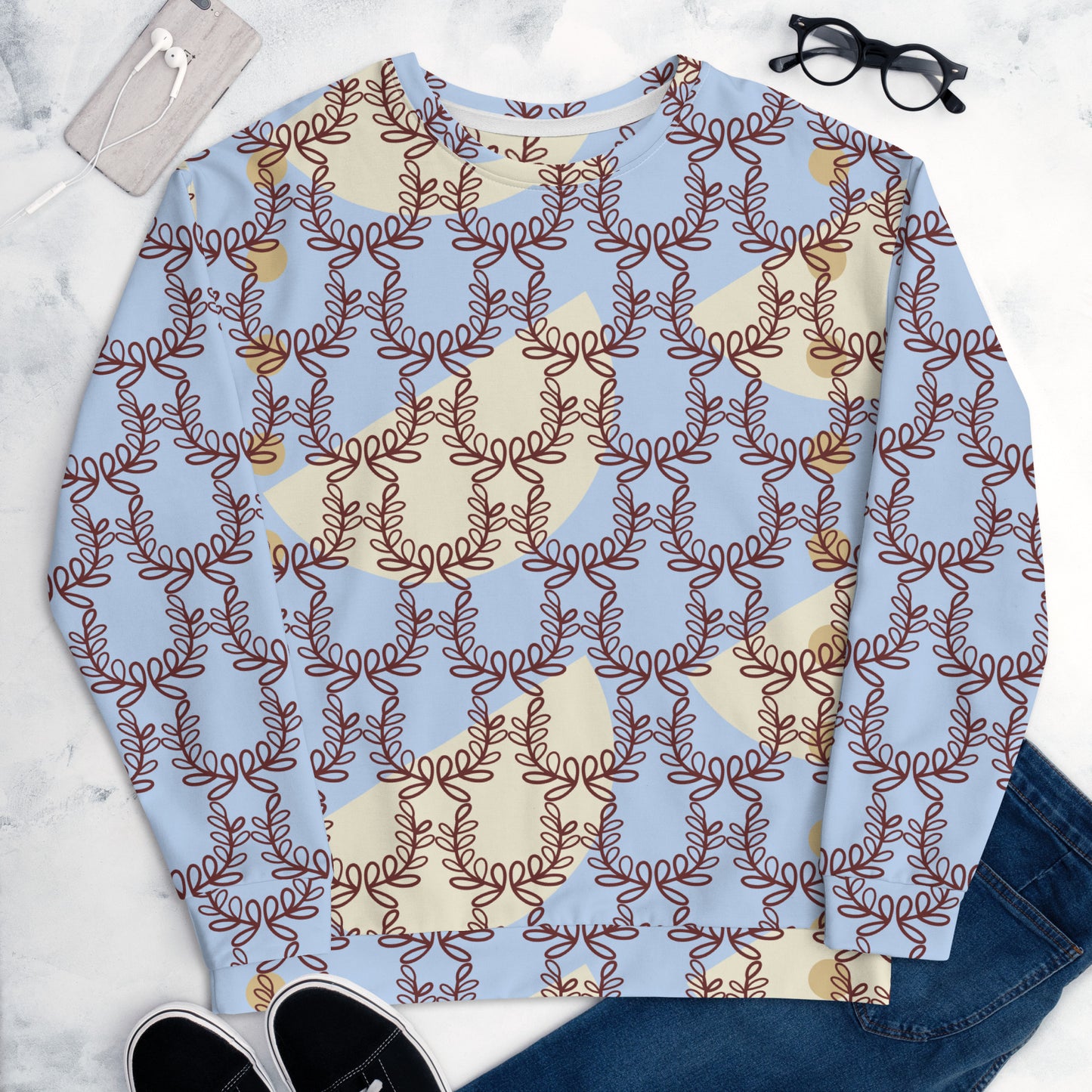 All-Over Print Recycled Unisex Sweatshirt Laurel Leaves Crown Hawkes Blue for Man