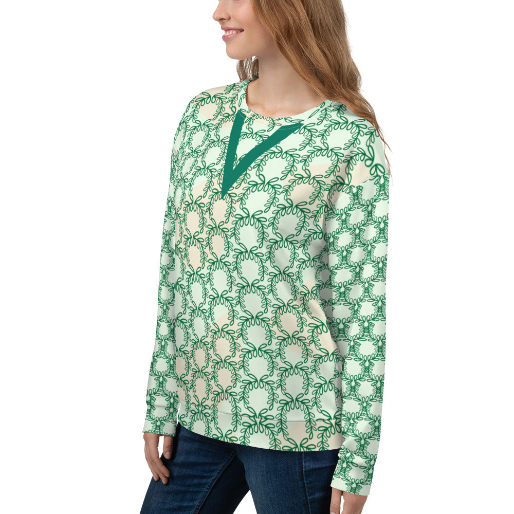 All-Over Print Recycled Unisex Sweatshirt Laurel Leaves Crown and Jewel V Neck Design for Woman