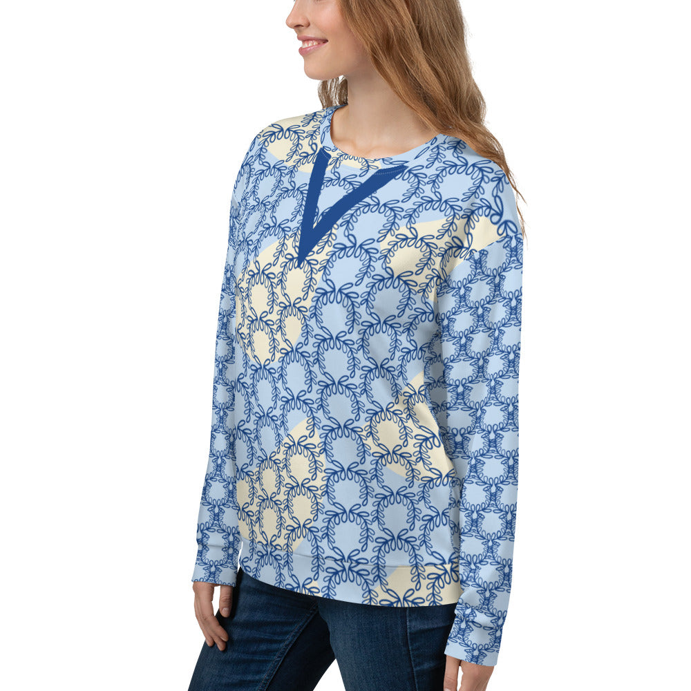 All-Over Print Recycled Unisex Sweatshirt Laurel Leaves Crown and Dark Cerulean V Neck Design for Women