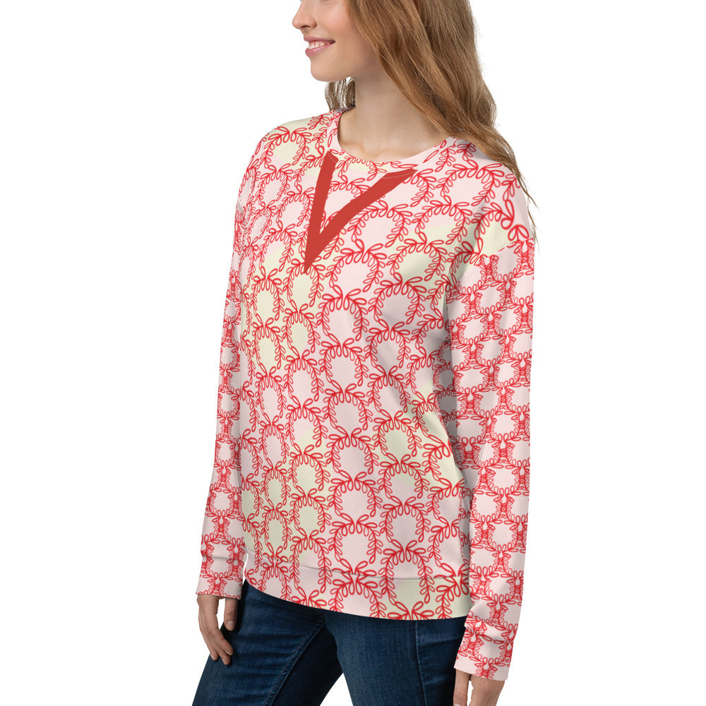 All-Over Print Recycled Unisex Sweatshirt Laurel Leaves Crown and Alizarin V Neck Design for Women