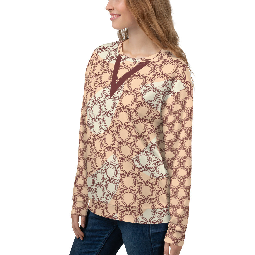 All-Over Print Recycled Unisex Sweatshirt Laurel Leaves Crown and Auburn V Neck Design for Women