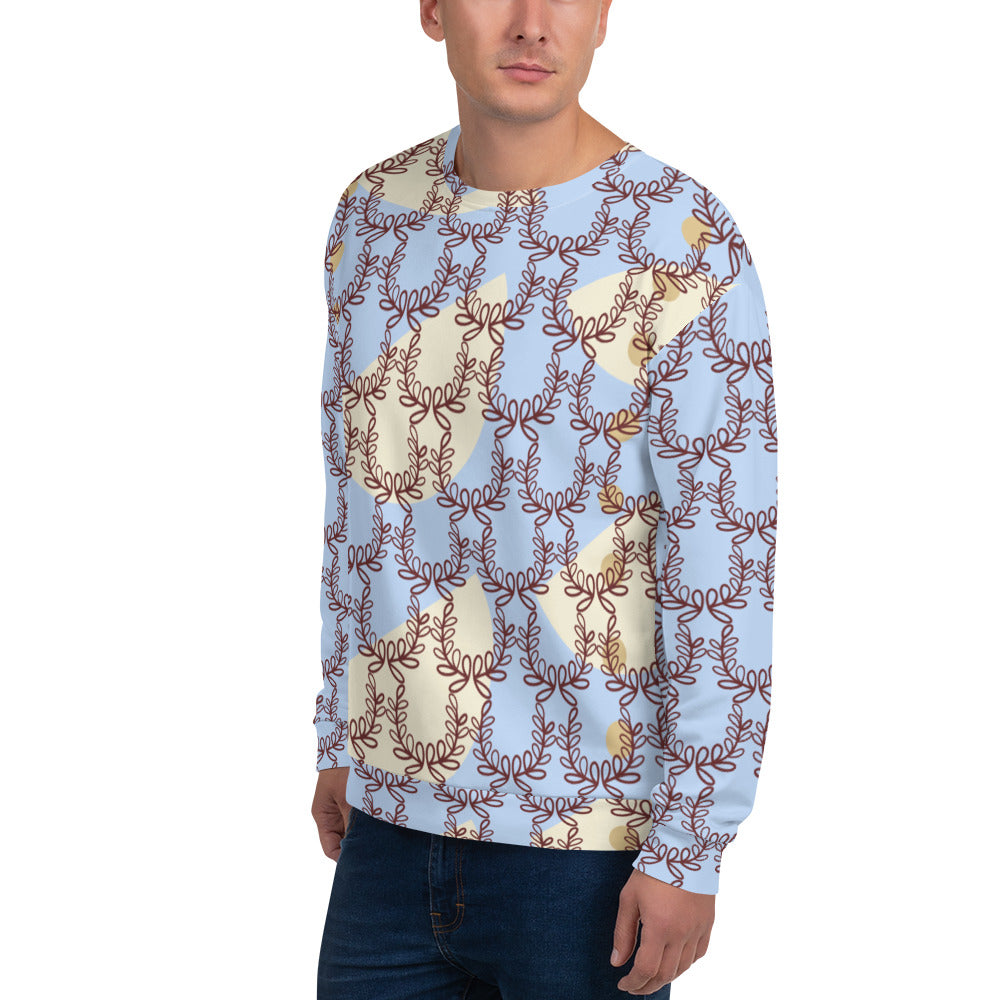 All-Over Print Recycled Unisex Sweatshirt Laurel Leaves Crown Hawkes Blue for Man