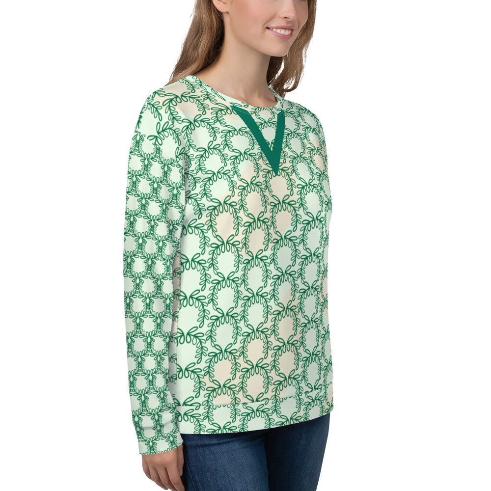 All-Over Print Recycled Unisex Sweatshirt Laurel Leaves Crown and Jewel V Neck Design for Woman