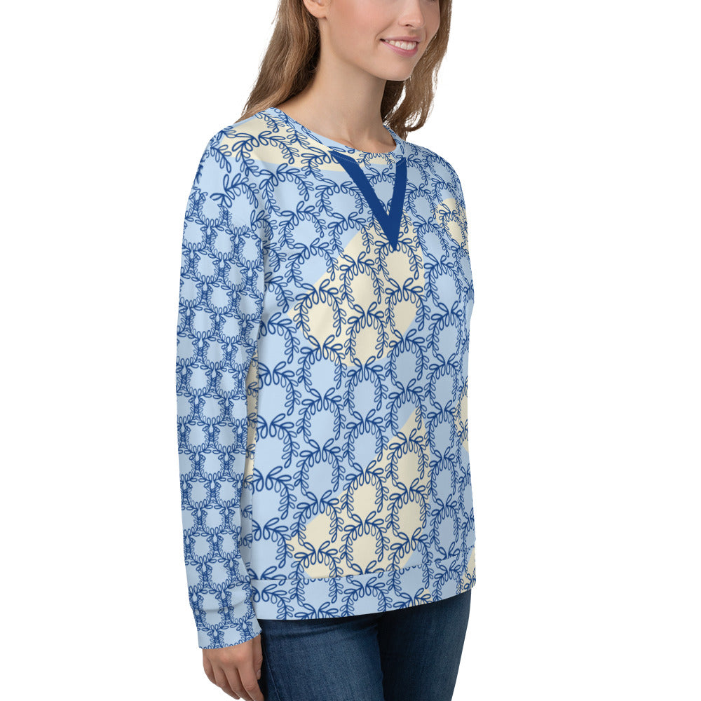 All-Over Print Recycled Unisex Sweatshirt Laurel Leaves Crown and Dark Cerulean V Neck Design for Women