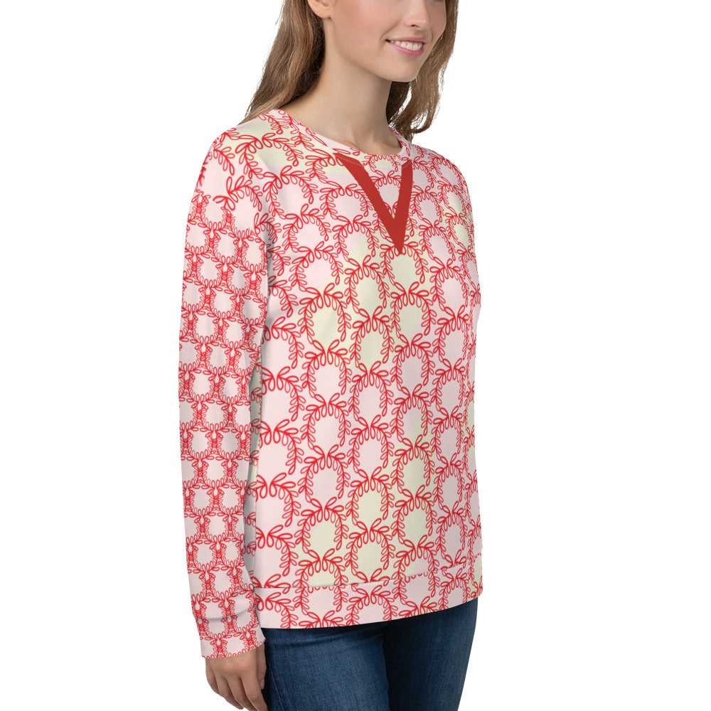 All-Over Print Recycled Unisex Sweatshirt Laurel Leaves Crown and Alizarin V Neck Design for Women