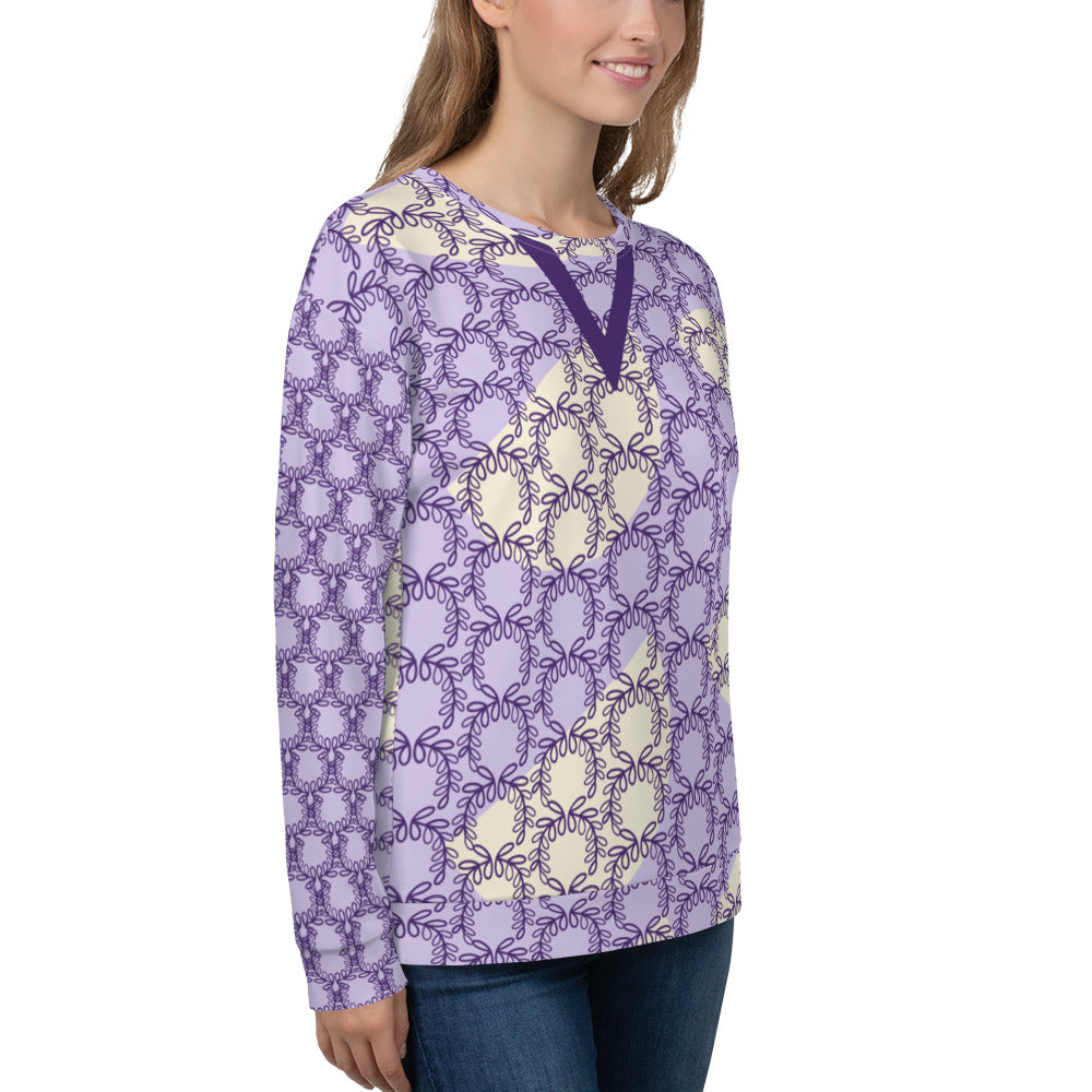 All-Over Print Recycled Unisex Sweatshirt Laurel Leaves Crown and Purple V Neck Design for Women