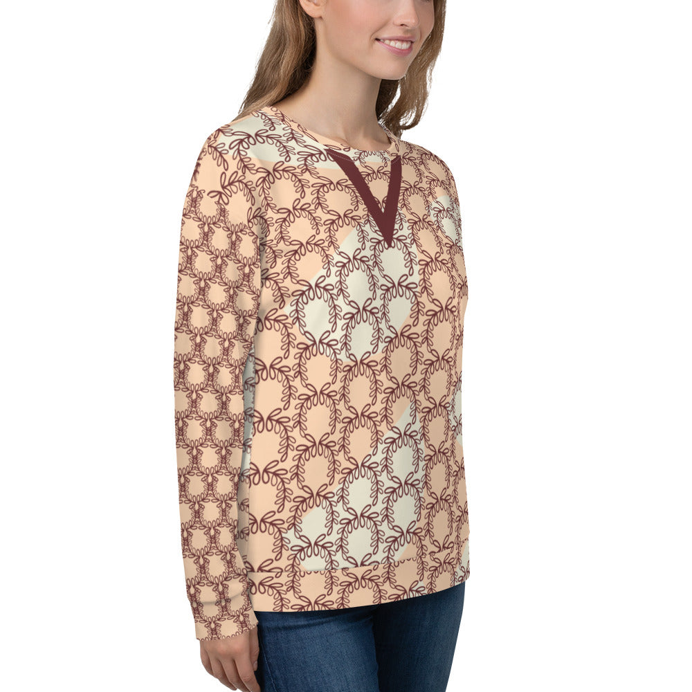 All-Over Print Recycled Unisex Sweatshirt Laurel Leaves Crown and Auburn V Neck Design for Women