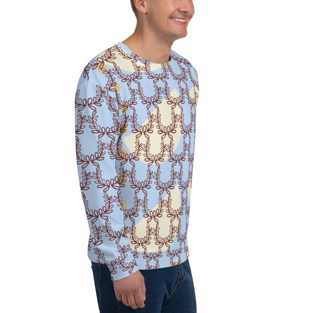 All-Over Print Recycled Unisex Sweatshirt Laurel Leaves Crown Hawkes Blue for Man