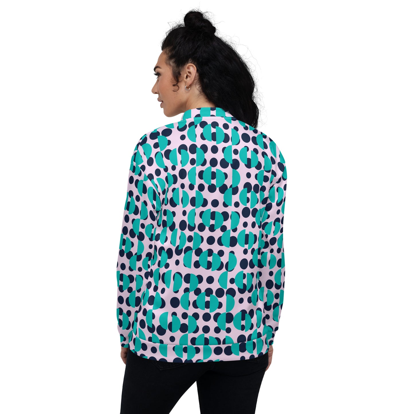 All-Over Print Unisex Brown Navy Polka & Irish Blue Semi-Circles Bomber Jacket for Woman