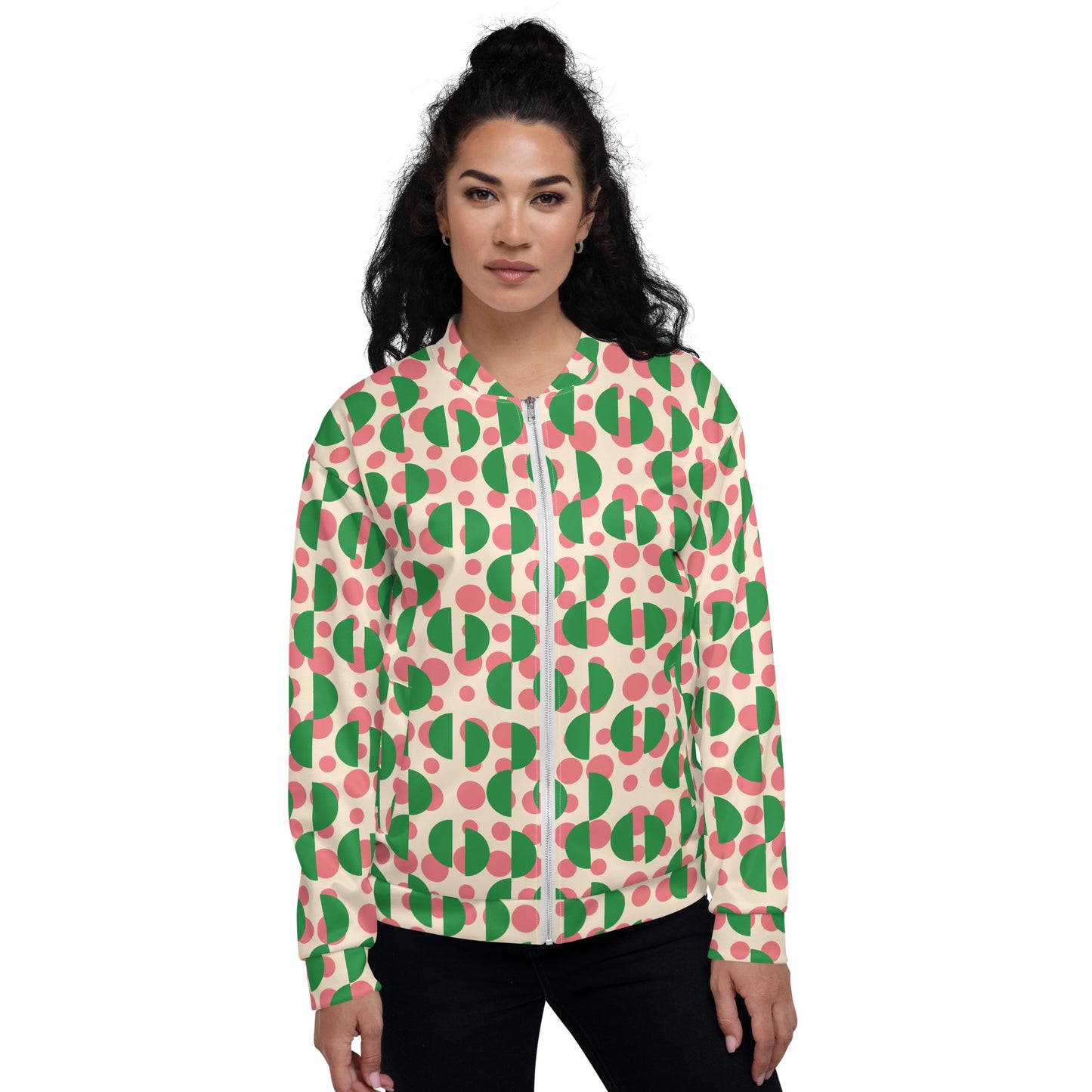 All-Over Print Unisex Pink Retro Polka & Green Semi-Circles Bomber Jacket for Woman
