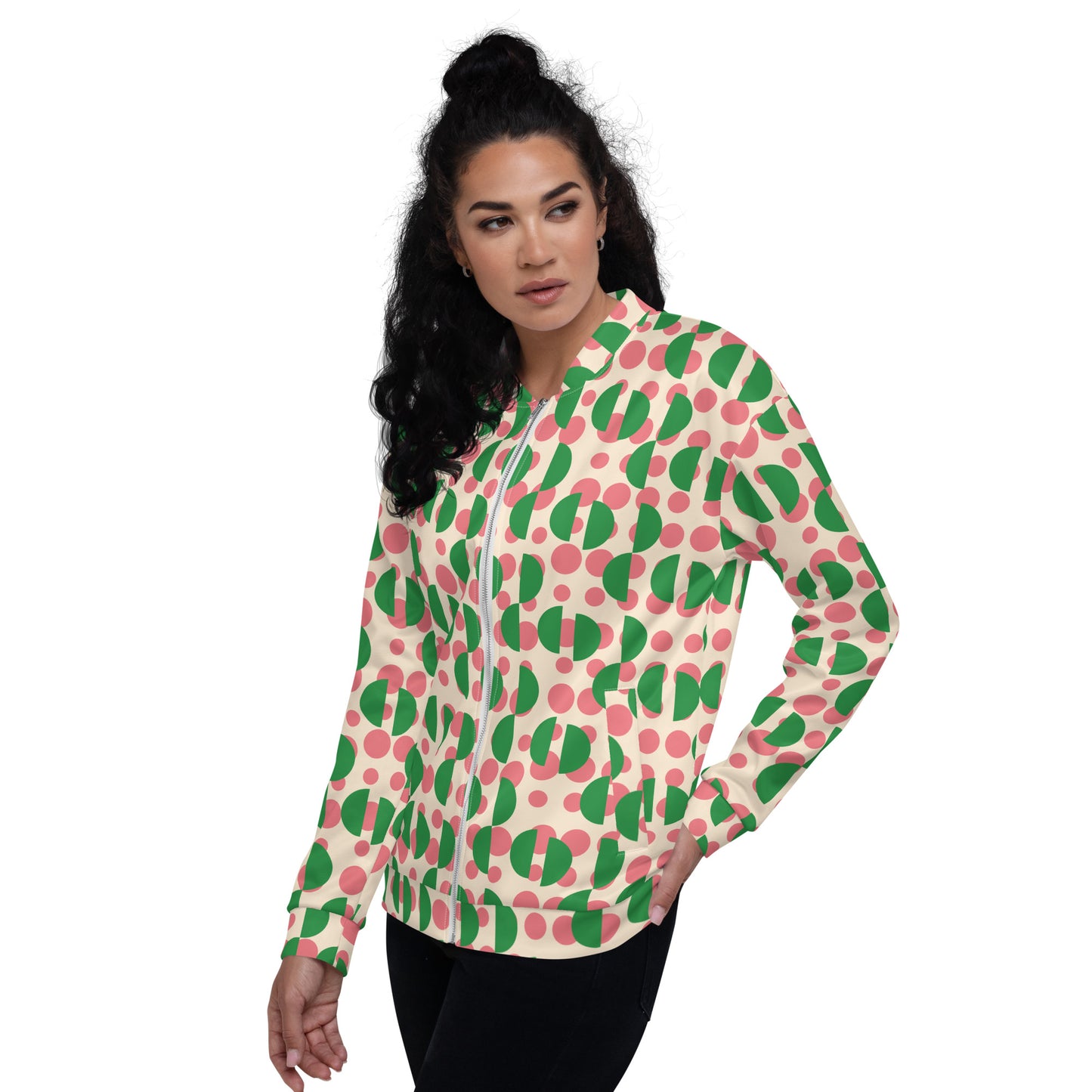 All-Over Print Unisex Pink Retro Polka & Green Semi-Circles Bomber Jacket for Woman