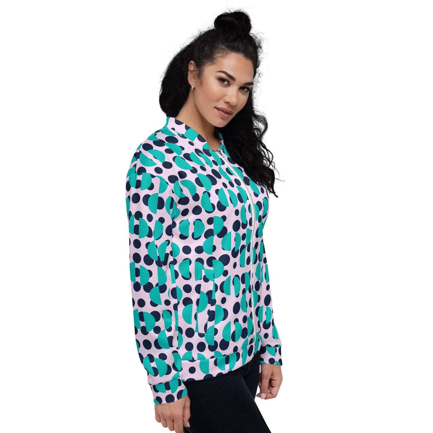 All-Over Print Unisex Brown Navy Polka & Irish Blue Semi-Circles Bomber Jacket for Woman